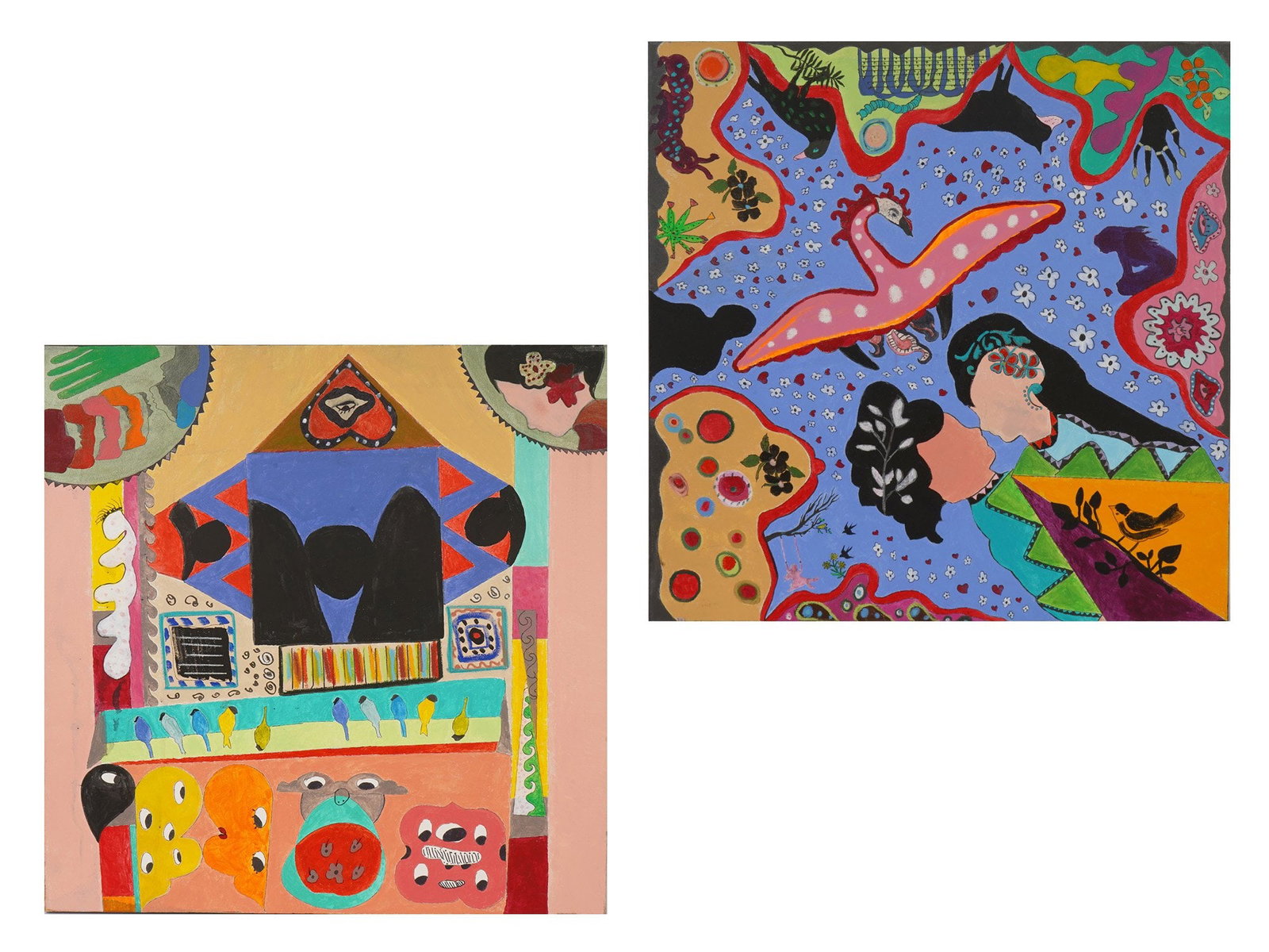 PAIR OF OIL ON CANVAS PAINTINGS BY JOY GLANZ: A pair of contemporary oil on canvas paintings by Joy Glanz, 2023. Square paintings depicting intricate genre scenes in the style of naive art. Signed by the artist and dated on the back side. Fine Ar