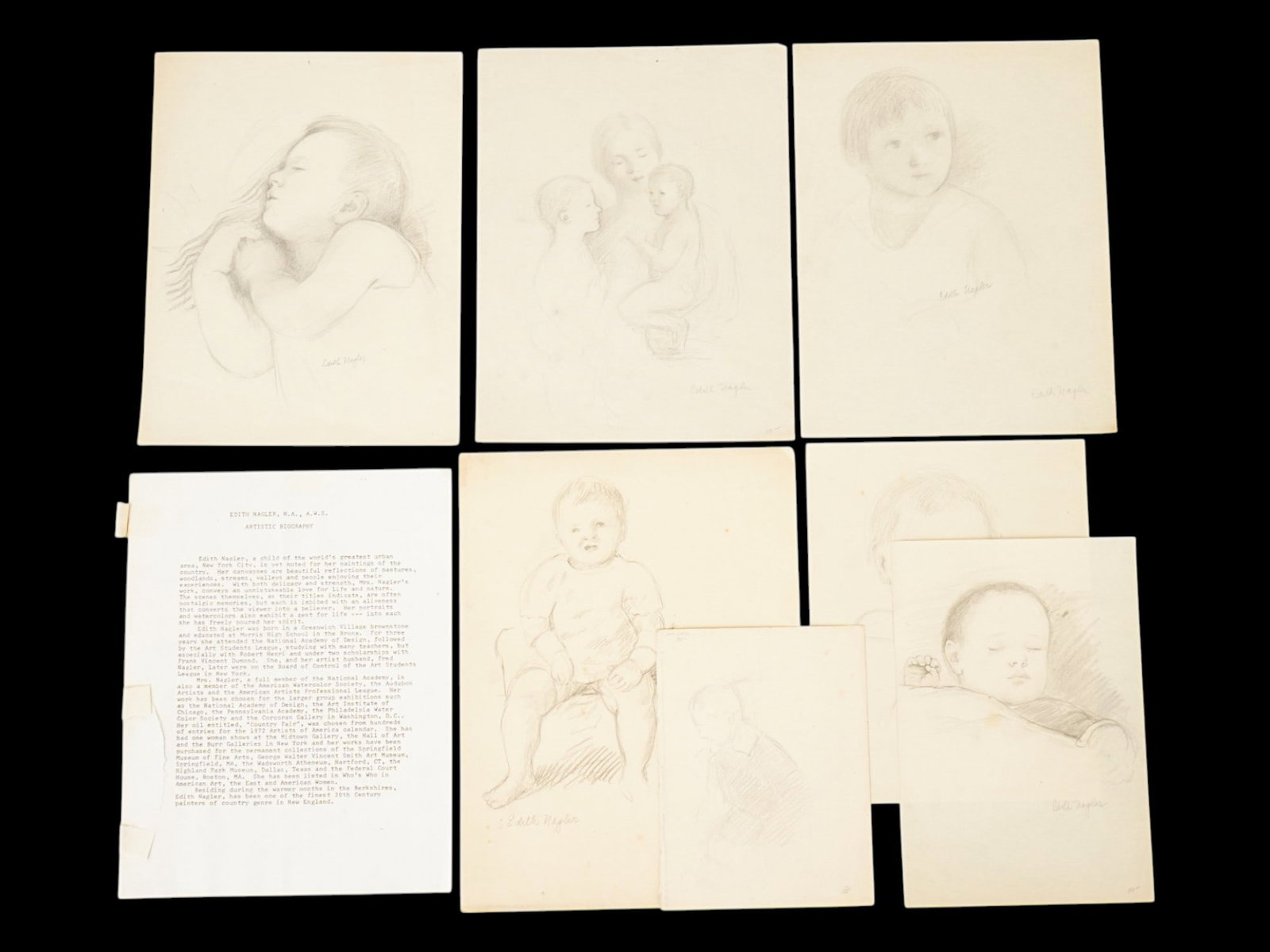 7 PENCIL PORTRAIT DRAWINGS BY EDITH KROGER NAGLER: A collection of 7 pencil on paper drawings by American artist Edith Kroger Nagler, 1895 to 1986. All the drawings are devoted to the theme of motherhood and childhood, depicting portraits of babies, y
