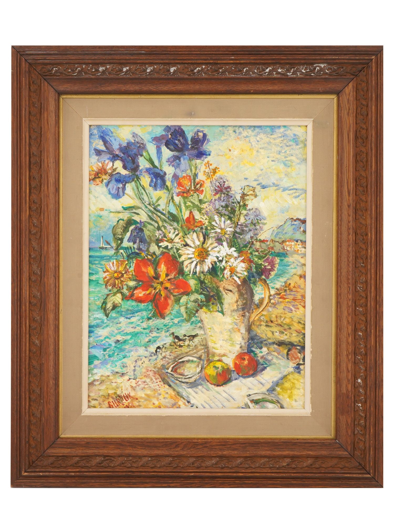 DAVID BURLIUK UKRAINIAN STILL LIFE PAINTING: David Burliuk, Ukrainian, 1882 to 1967, an oil painting on board, depicting a vibrant still life of flowers, rendered in the artists bold and expressive modernist style. Signed and dated lower left. F
