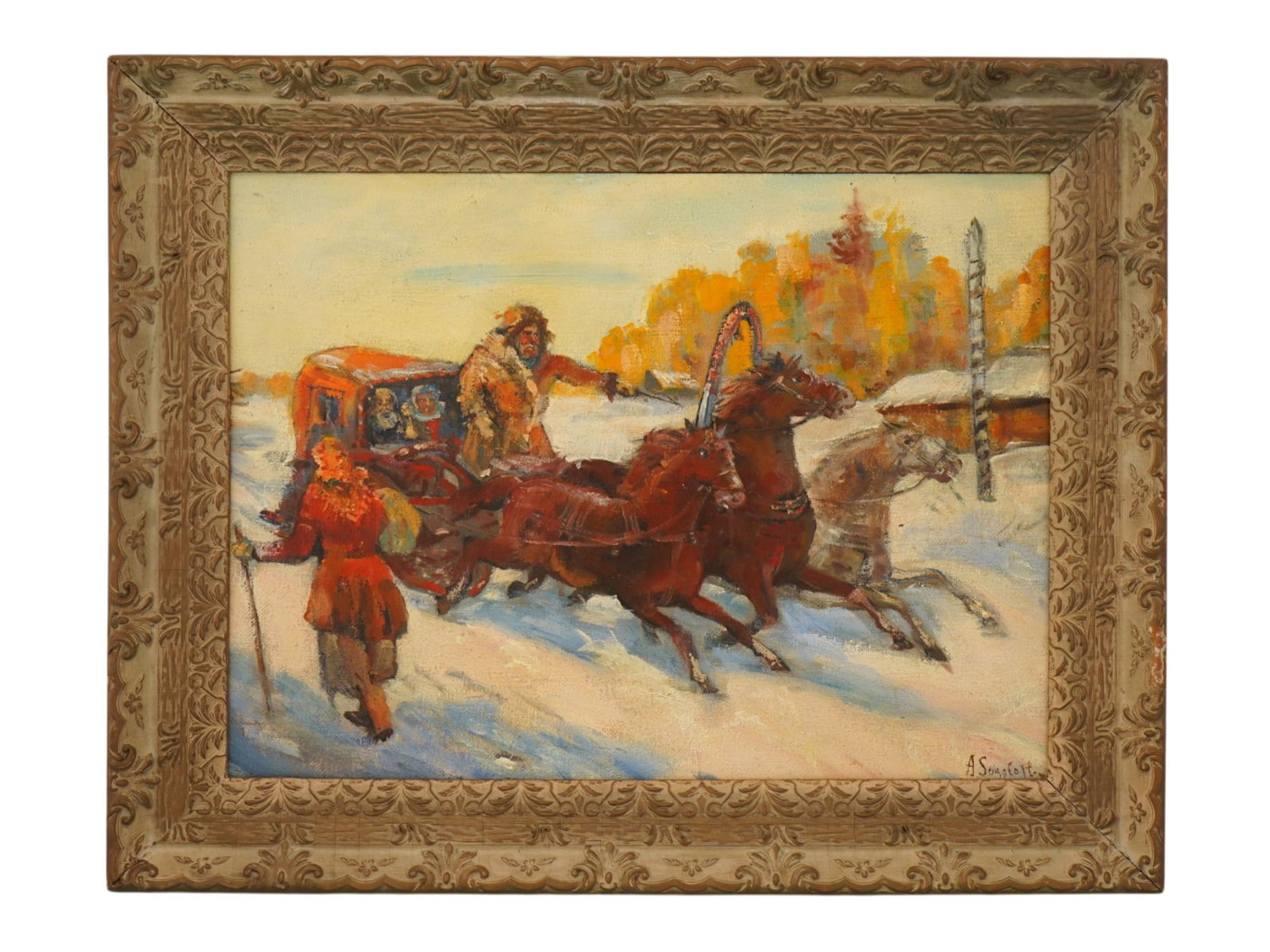 ATTR TO ANATOLY SOKOLOFF RUSSIAN AMERICAN OIL PAINTING: Attributed to Anatoly Sokoloff Russian, American 1891 to 1971, oil on canvas over board genre painting. The painting depicts a winter ride in a carriage pulled by three horses. Signed lower right. Add