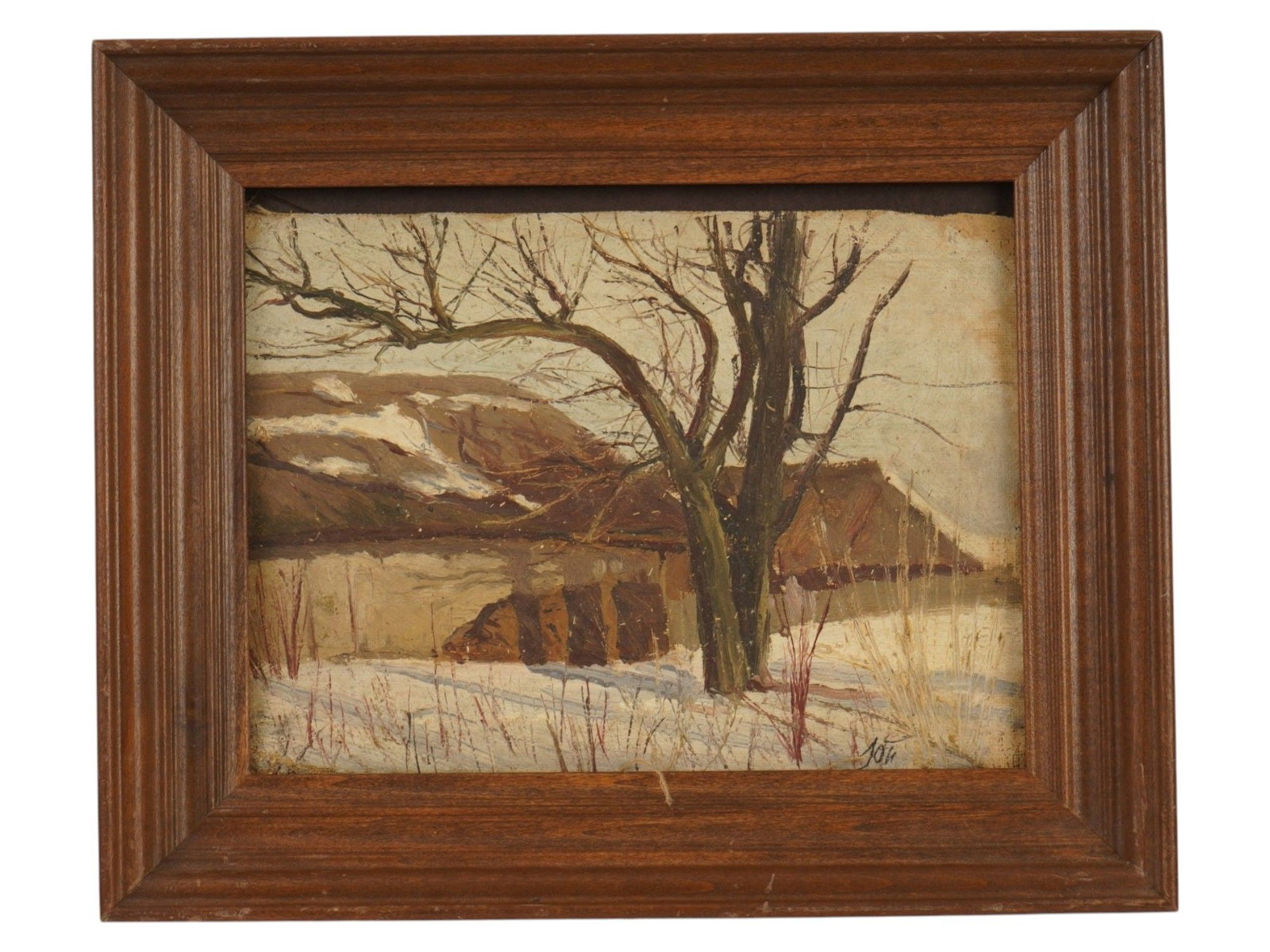 YURI PAVLOVICH UKRAINIAN WINTER LANDSCAPE PAINTING: Yuri Pavlovich, Ukrainian, 1872 to 1947, an oil winter landscape painting on canvas. The tranquil village scene depicts a snow-covered farmhouse beneath a spreading bare tree. Signed with the Cyrillic