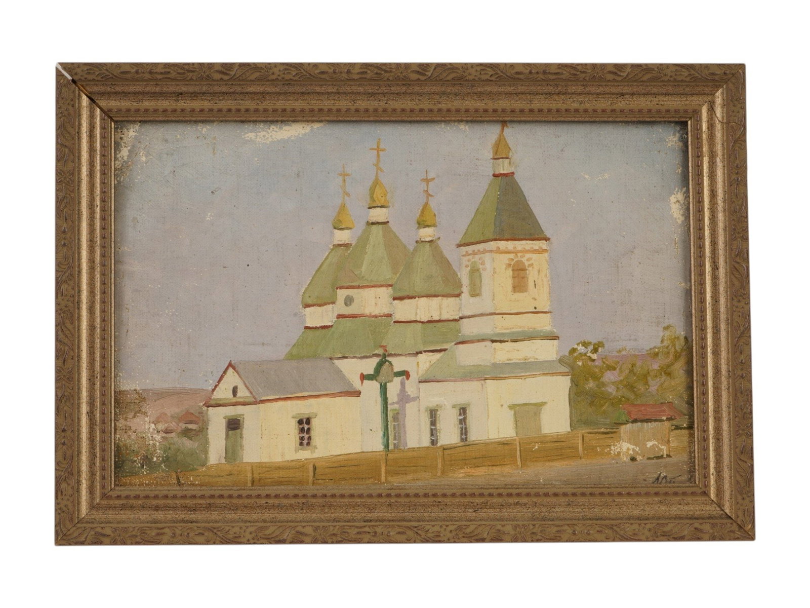 YURI PAVLOVICH UKRAINIAN RURAL LANDSCAPE PAINTING: Yuri Pavlovich, Ukrainian, 1872 to 1947, an oil rural landscape painting, depicting a traditional Ukrainian Orthodox village church. Signed with the Cyrillic authors monogram and presented in a wooden