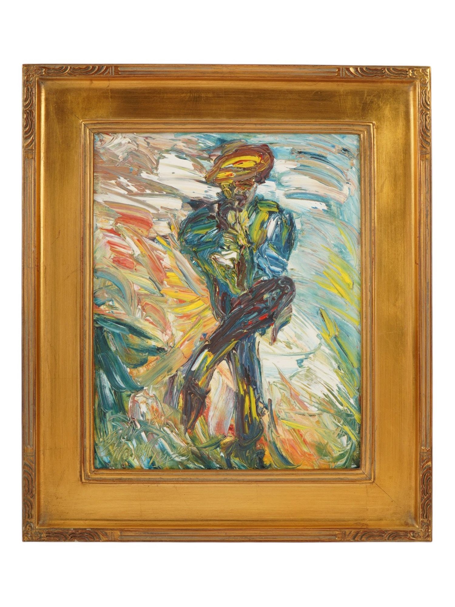 VINTAGE ABSTRACT MALE PORTRAIT OIL PAINTING SIGNED: Oil painting on canvas. Abstract seated male figure, executed in impasto technique with the use of palette knife. Illegibly signed lower left. Framed. Collectible Fine Art, Contemporary Painting, Port