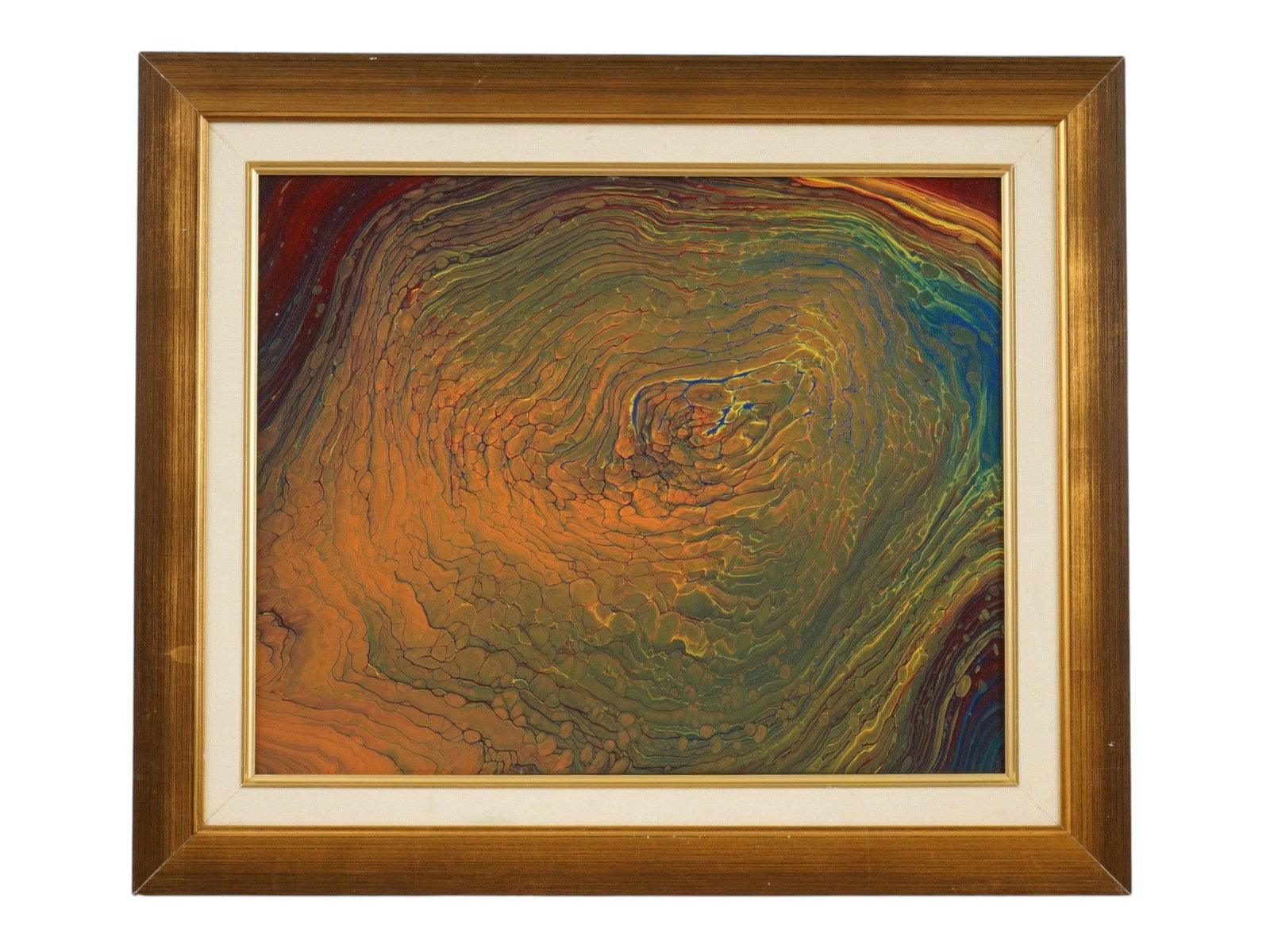 CONTEMPORARY ABSTRACT LIQUID ACRYLIC PAINTING: Acrylic painting on canvas. Abstract composition in liquid acrylic or acrylic pouring technqiue, made using concentric iridescences of orange, green and blue shades. Unsigned. Framed. Collectible Fine