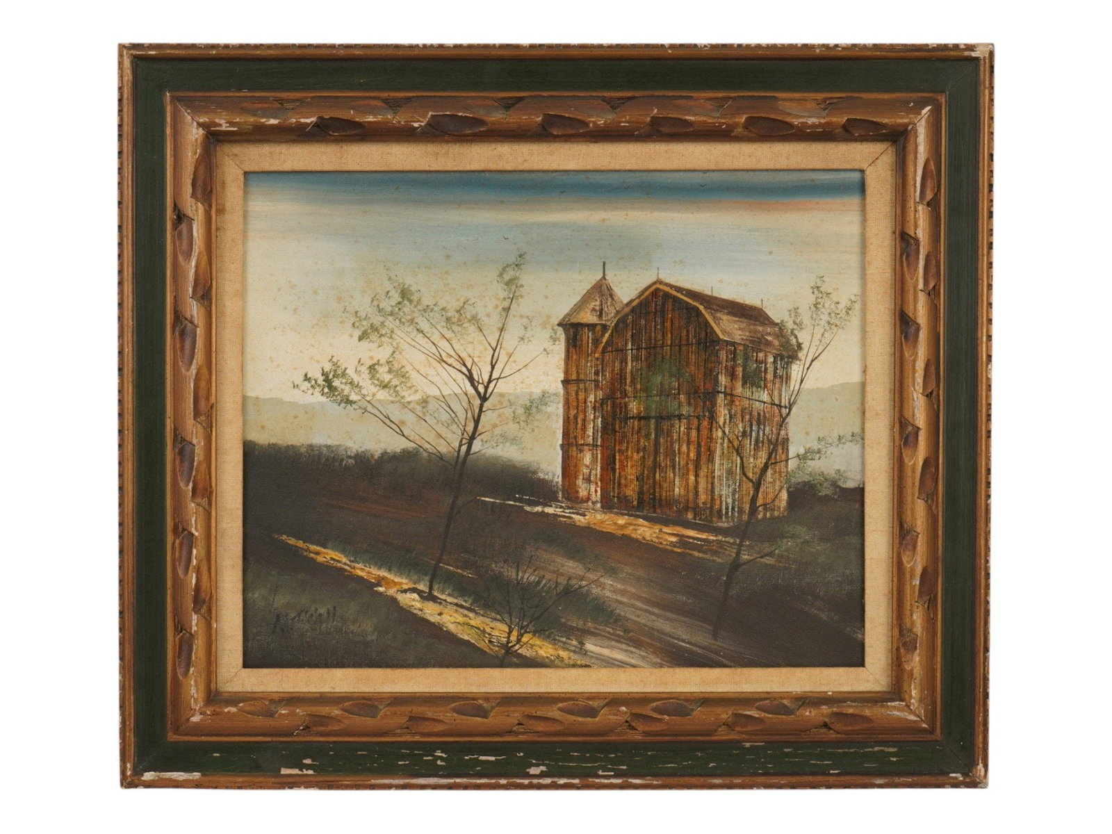 RURAL LANDSCAPE OIL PAINTING SIGNED MITCHELL: Oil painting on canvas. American, mid to late 20th century. The artwork depicts a farmhouse in the field. Signed Mitchell lower left. Framed. Collectible Fine Art, Rural Landscape, Figurative Painting