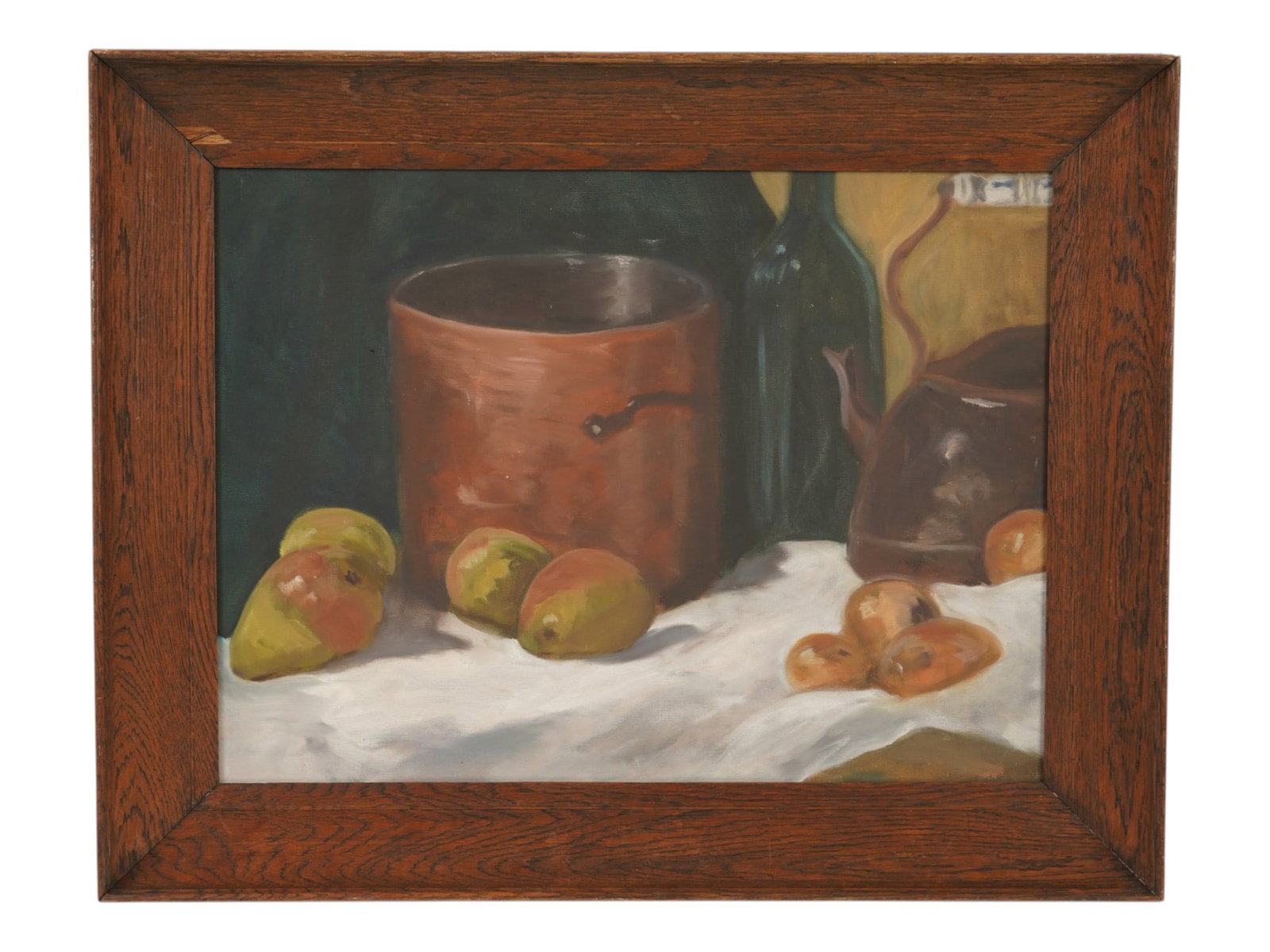 VINTAGE FRUIT STILL LIFE OIL PAINTING: Oil on canvas painting. American, mid-20th century. Still life with pears, apricots, and copper tableware. Unsigned. Framed. Collectible Fine Art, Figurative Painting, Wall Decor. THIS LOT IS ELIGIBLE