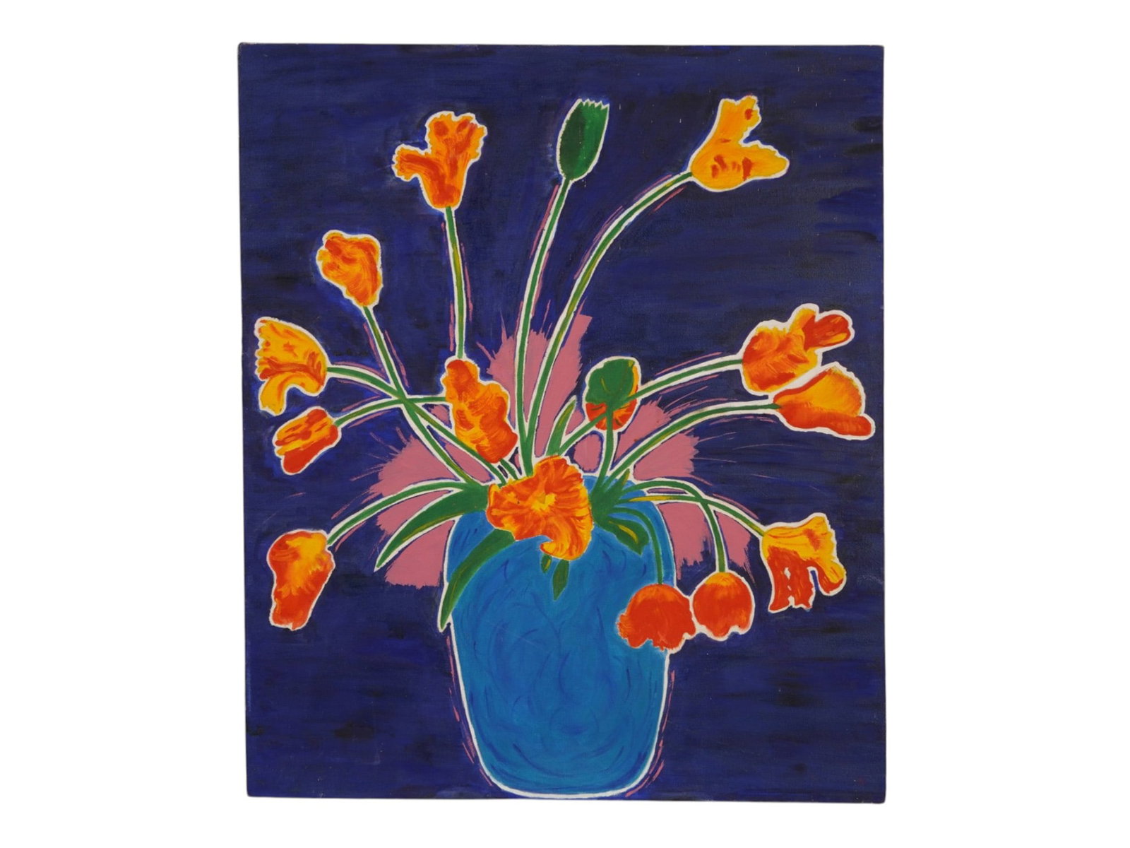 VINTAGE OIL STILL LIFE PAINTING BY SABINA SCRUDATO: A vintage oil on canvas still life painting by Sabina Scrudato. Circa the late 20th century. The painting depicts a stylized arrangement of orange flowers within a blue vase. The central subject is se