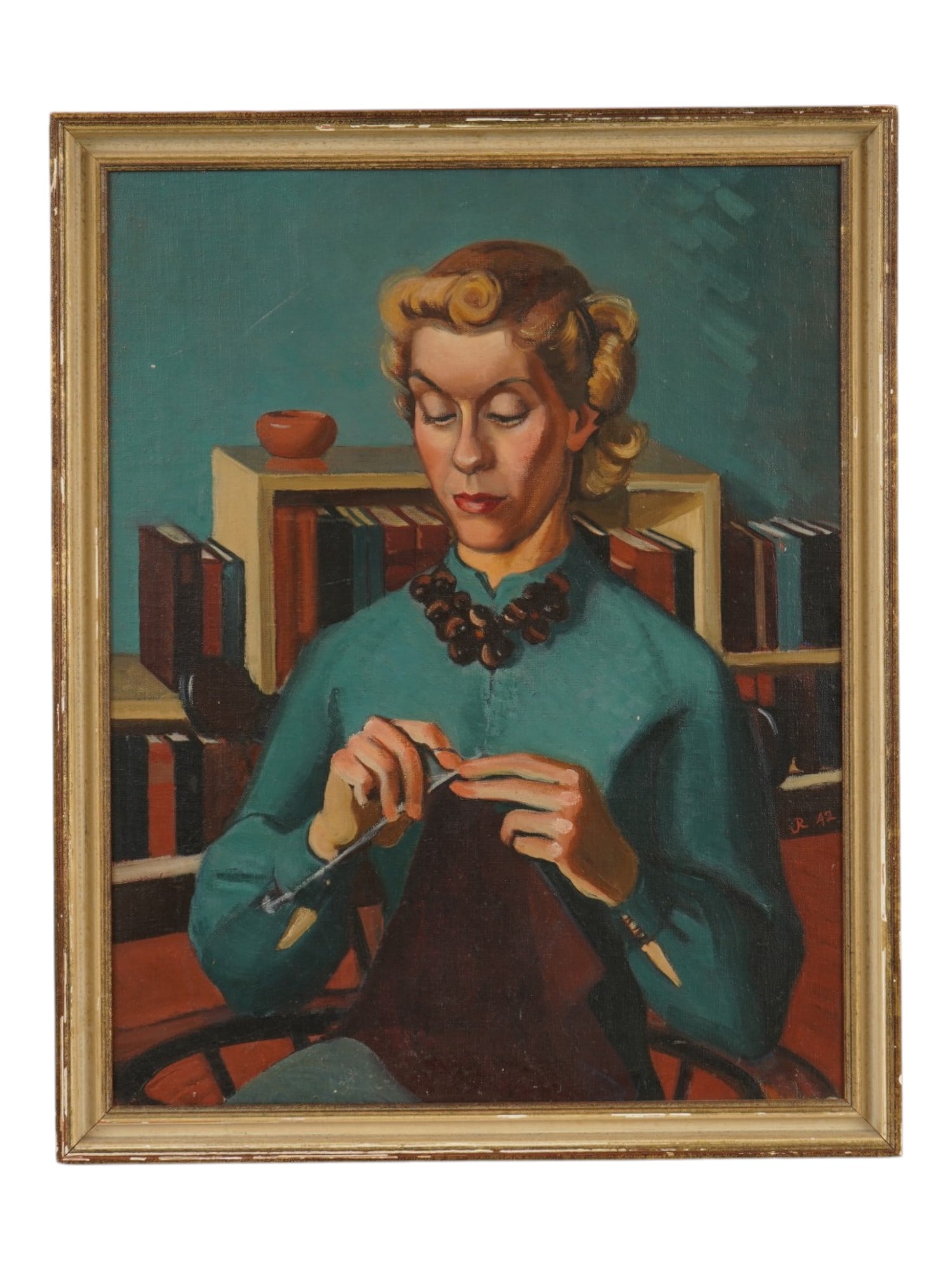 AMERICAN NEW YORK OIL PORTRAIT PAINTING 1942: A vintage 1942 American New York oil on canvas portrait painting. The painting depicts a woman in a turquoise blouse and a dark necklace seated in a chair and knitting. Illegible signature on the