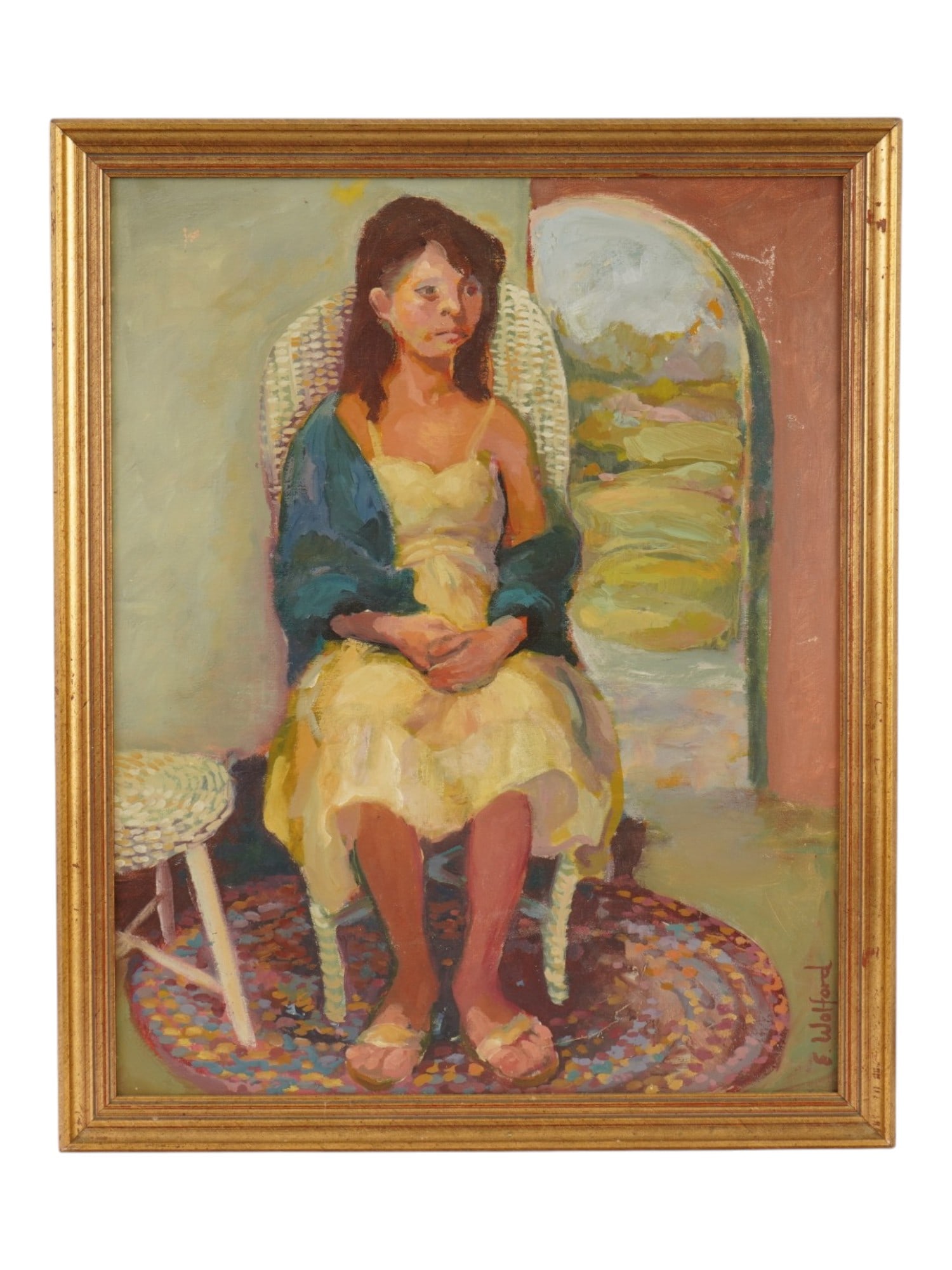 MID CENTURY OIL PORTRAIT PAINTING BY E WOLFORD: A vintage, mid century, oil on canvas portrait painting by E. Wolford. The painting depicts a seated woman wearing a yellow dress and a blue shawl draped over her shoulders. The work is executed with 