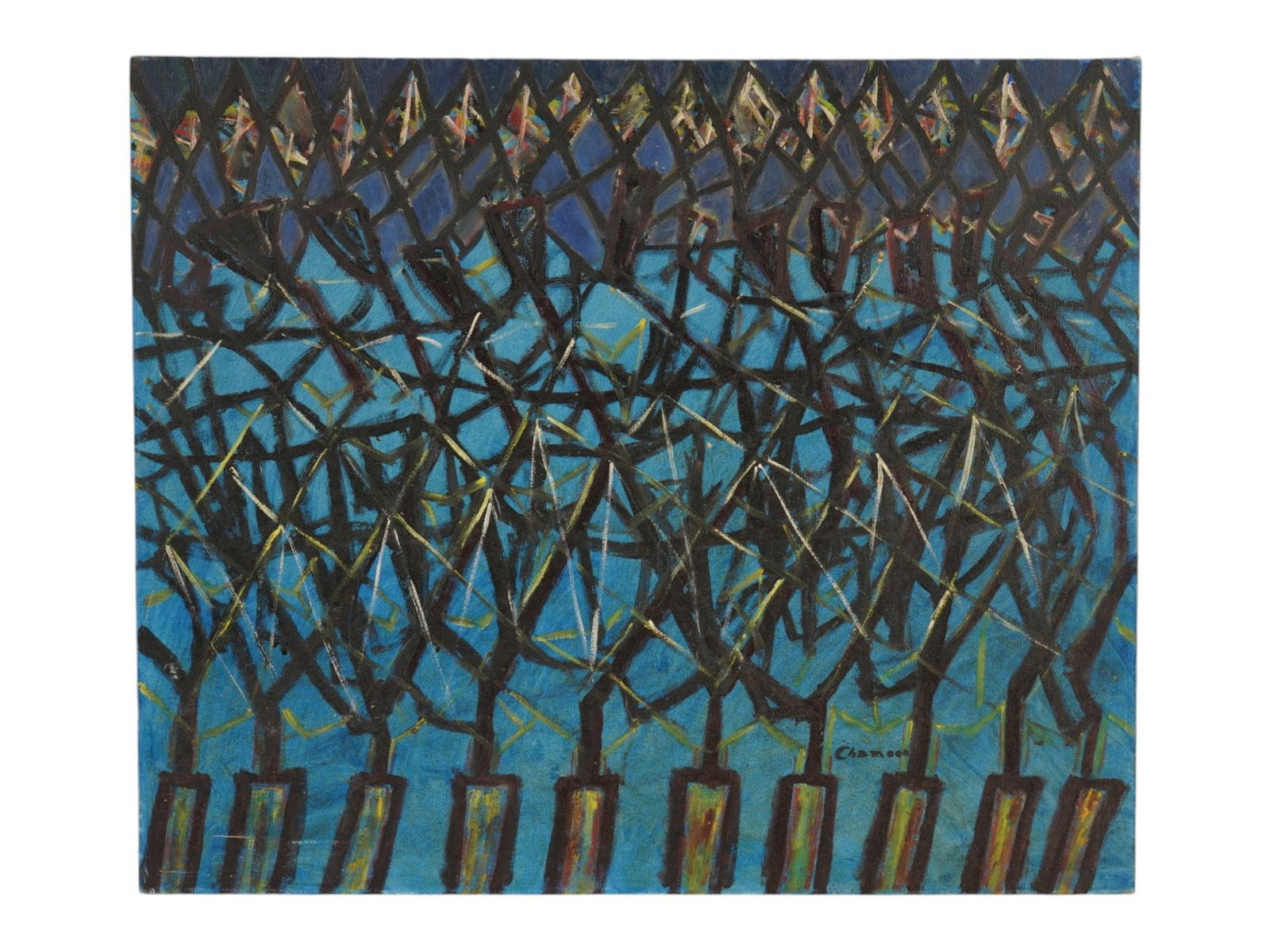 MODERNIST ABSTRACT OIL PAINTING SIGNED CHAMOUN: A Modernist oil painting on canvas depicting an abstract composition. Signed, Chamoun, lower right. Chaouki Chamoun, born 1942, is a towering figure in modern and contemporary Lebanese art,