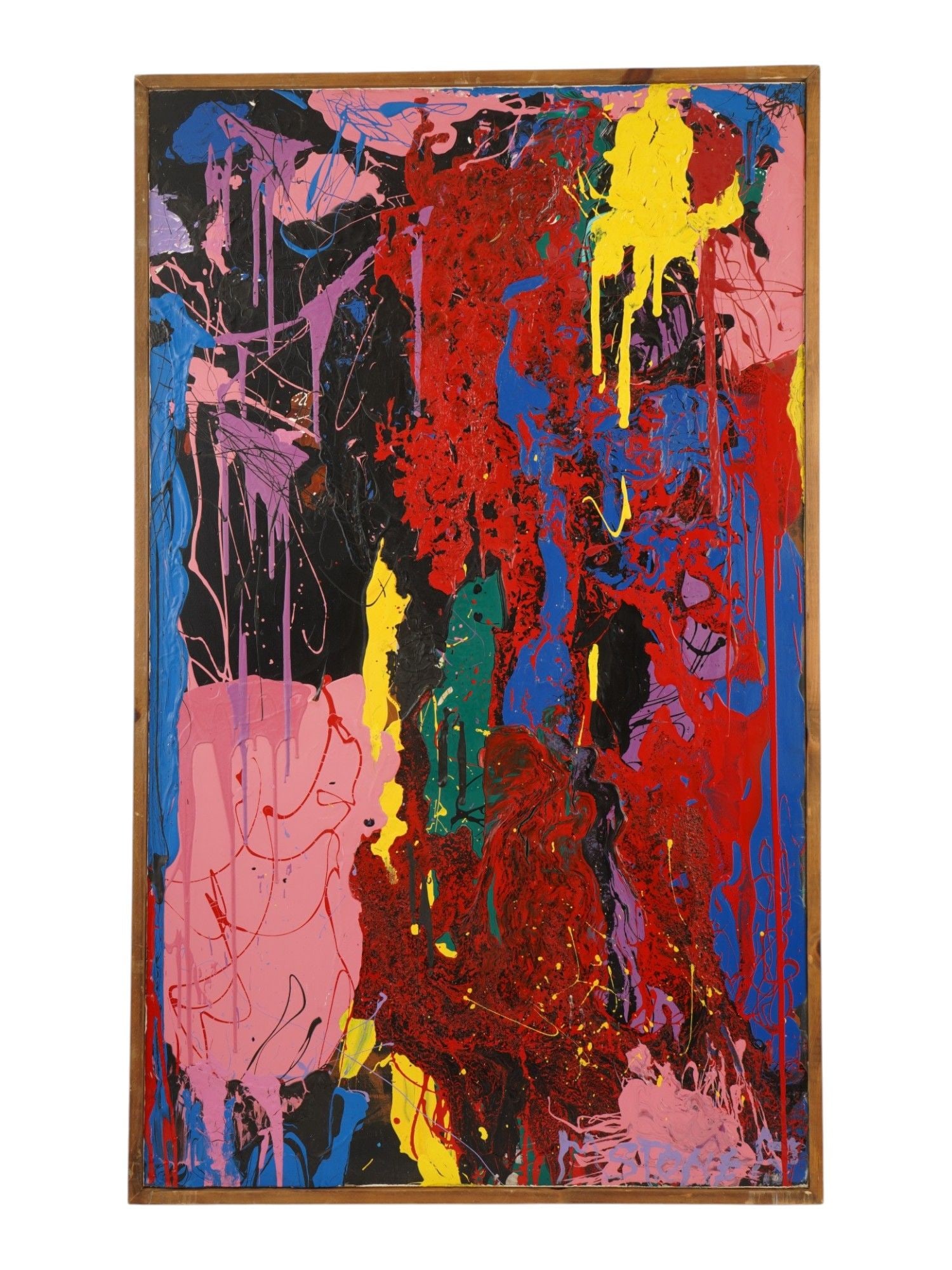 AMERICAN ABSTRACT OIL PAINTING BY MAURICE STONE: A modern American abstract oil painting on canvas, a tribute to Jackson Pollock by Maurice Stone. The abstract expressionist composition executed in 2013 utilizes a vibrant palette of primary reds, bl