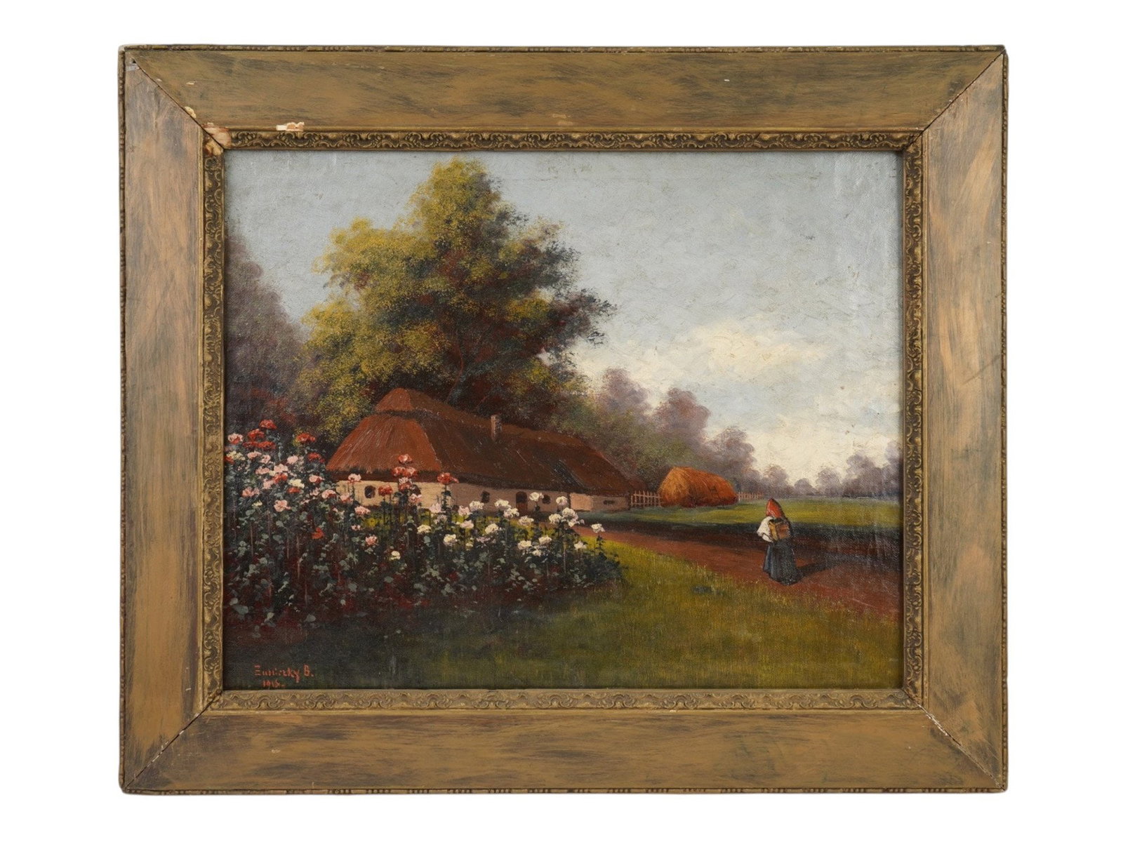 ANTIQUE PAINTING SIGNED ZUBRIEZKY HUNGARIAN LANDSCAPE: An antique Hungarian rural landscape painting on board, signed B. Zubriezky and dated 1916 in the lower left. The tranquil scene depicts a thatched farmhouse surrounded by lush trees and flowering