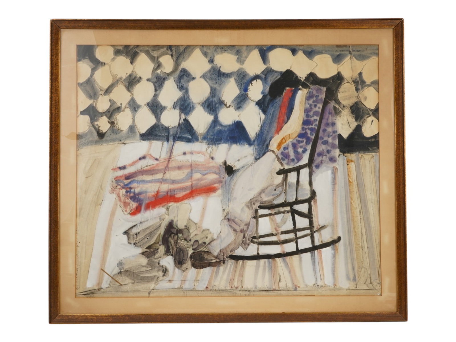 ROBERT ANDREW PARKER AMERICAN ABSTRACT PAINTING: Robert Andrew Parker, American, 1927 to 2024, an abstract interior watercolor painting on paper. The composition depicts a loosely rendered room with a rocking chair, patterned textile, striped floor,