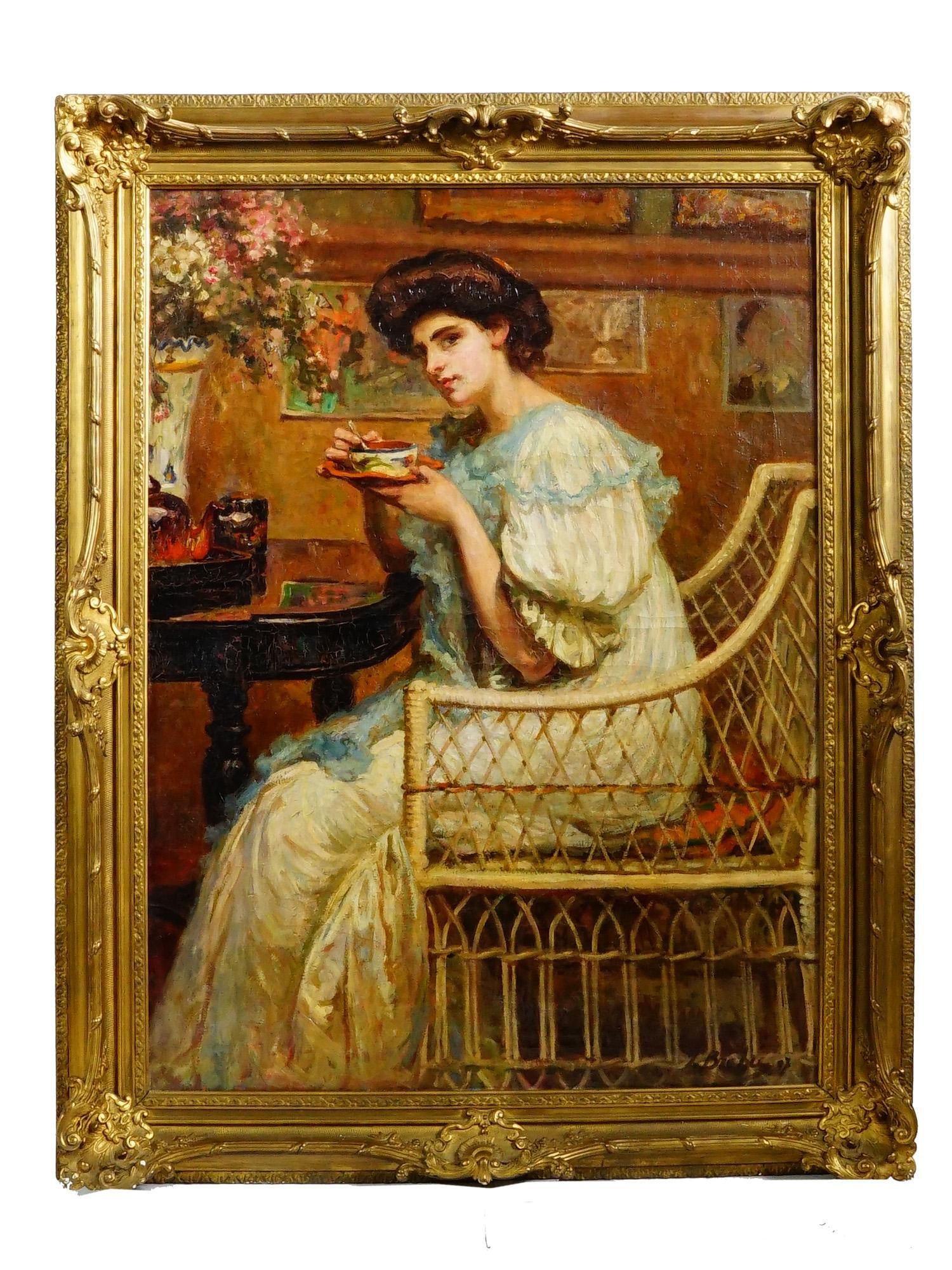 ATTR L BECHI ANTIQUE EUROPEAN BELLE EPOQUE OIL PAINTING: An antique European Belle Epoque oil on canvas genre scene painting attributed to Italian artist Luigi Bechi, 1830 to 1919. The painting using a warm palette depicts a refined domestic scene