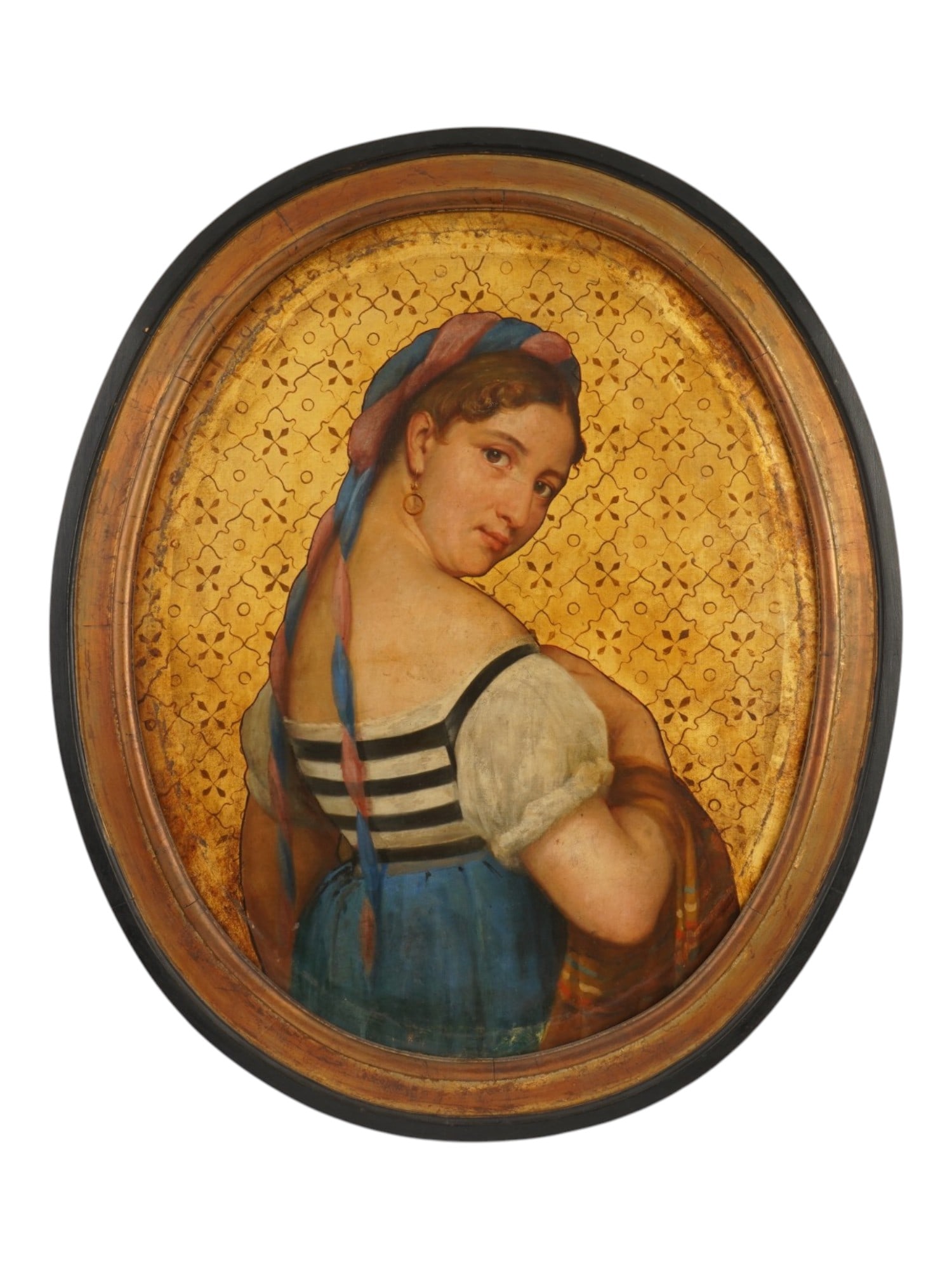 ANTIQUE ROMANTIC SCHOOL OIL PORTRAIT PAINTING: A large, antique, oil on canvas portrait painting. Presumably of the Italian Romantic school, ca. early 19th century. The painting depicts a young woman in a three-quarter profile, rendered in an oval