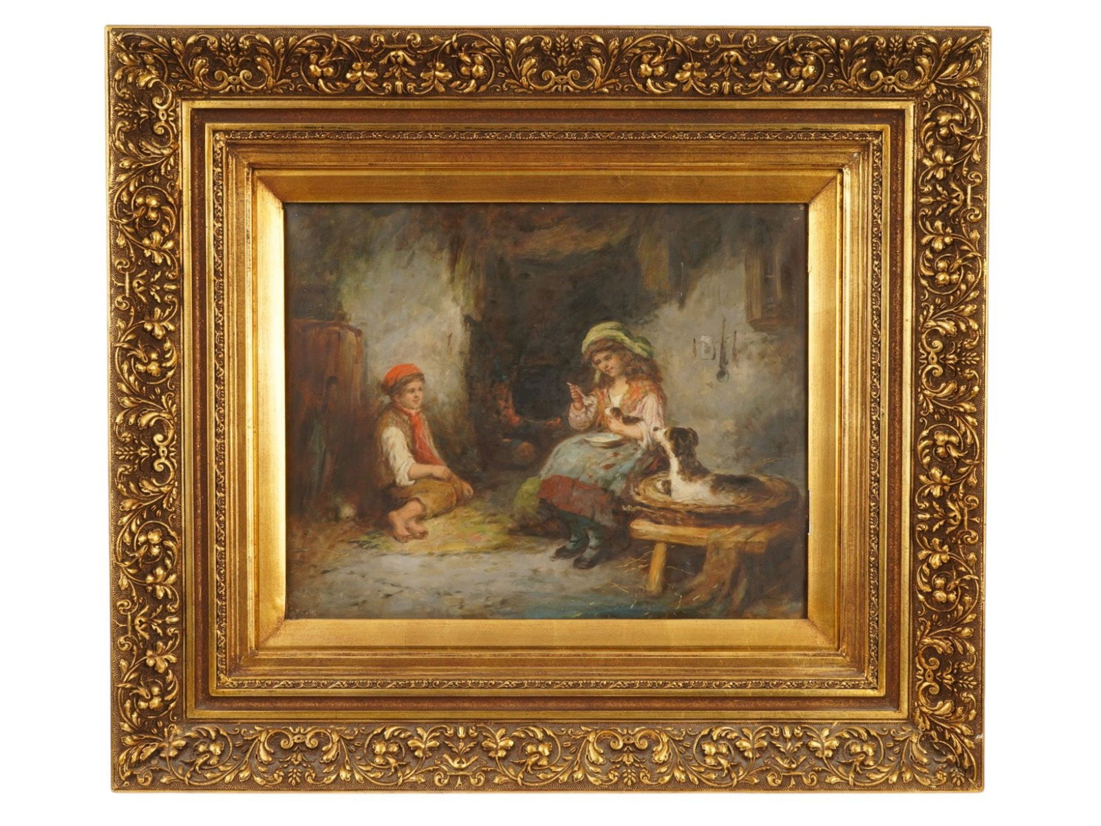 SIGNED J BURR ANTIQUE EUROPEAN OIL PAINTING: An antique European School oil on canvas genre scene painting. Signed J. Burr lower right. The painting depicts a cozy scene of two children with a dog and puppies, executed in warm colors. It is fram