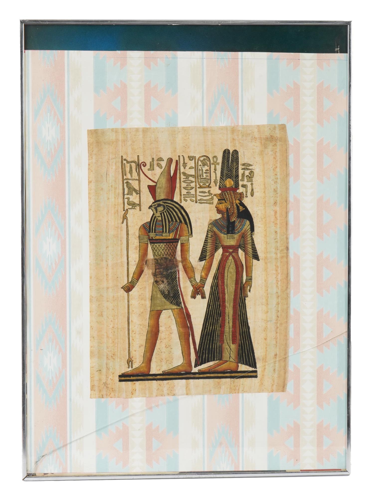 VINTAGE EGYPTIAN HORUS NEFERTARI PAINTING ON PAPYRUS: A vintage Egyptian Horus and Queen Nefertari painting on papyrus. The artwork depicts the god Horus leading the Egyptian queen Nefertari Meritmut by the hand. Matted and framed. Ancient Egyptian Art,