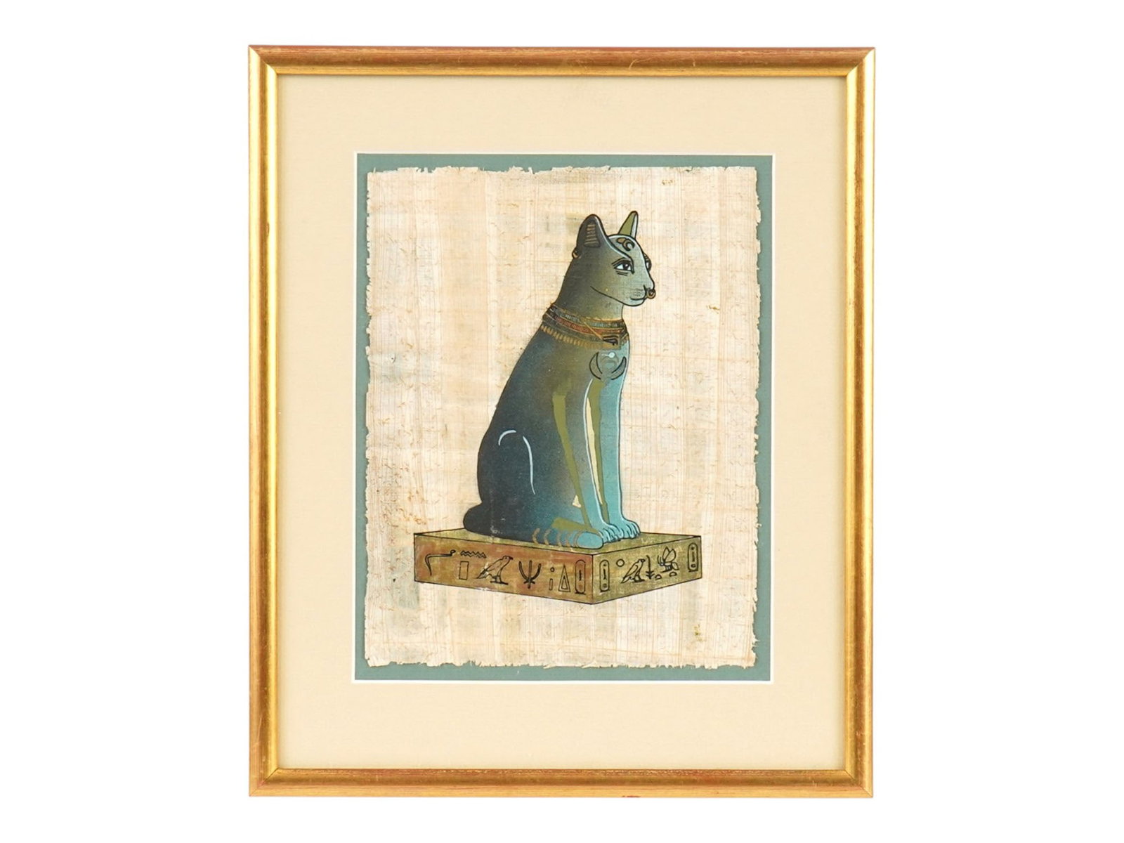 MODERN EGYPTIAN MIXED MEDIA PAPYRUS PAINTING OF BASTET: A modern Egyptian mixed media papyrus painting depicting Bastet, the goddess associated with protection, fertility, and the home. Inspired by the celebrated Gayer-Anderson Cat in the British Museum, t
