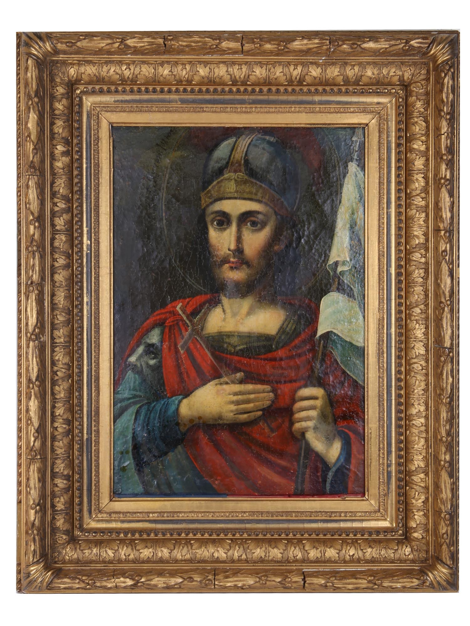 ANTIQUE RUSSIAN ICON OF SAINT JOHN THE WARRIOR: An antique Russian Orthodox oil painting on canvas icon of Holy Martyr Saint John the Warrior. Circa: late 19th century. John the Warrior is a Christian saint and martyr. He was born in the 4th centur