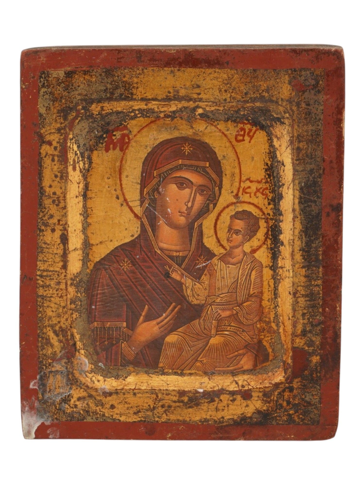 RUSSIAN ORTHODOX ICON PRINT VIRGIN OF SMOLENSK: A Russian Orthodox icon of Our Lady of Smolensk, polychrome print of wood board. Virgin of Smolensk is a highly venerated Orthodox icon of Hodegetria iconography. The original icon dates back to the e