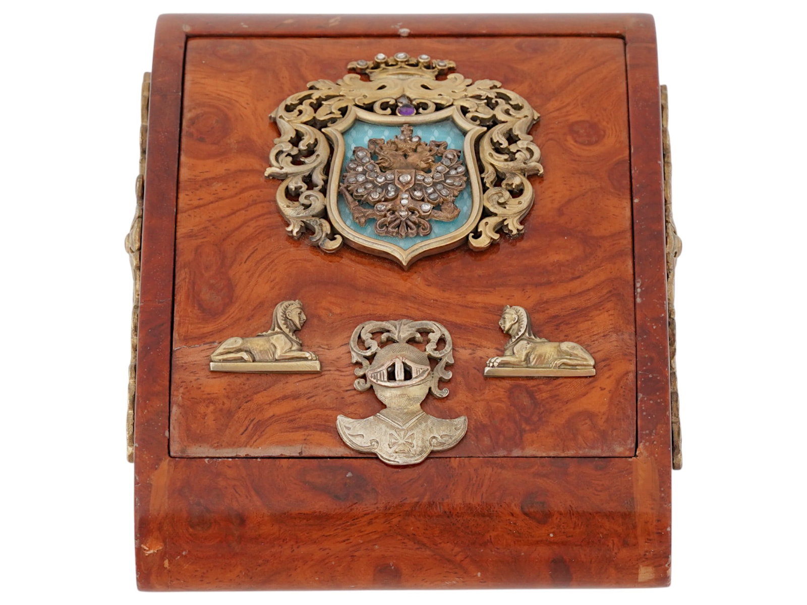 RUSSIAN CARVED BIRCH GUILLOCHE DIAMONDS CIGARETTE CASE: A Russian carved birch cigarette case box decorated with guilloche enamel and diamonds. The box is made of birch wood with a distinct wood grain pattern. On the lid, there is an ornate silver crest fe