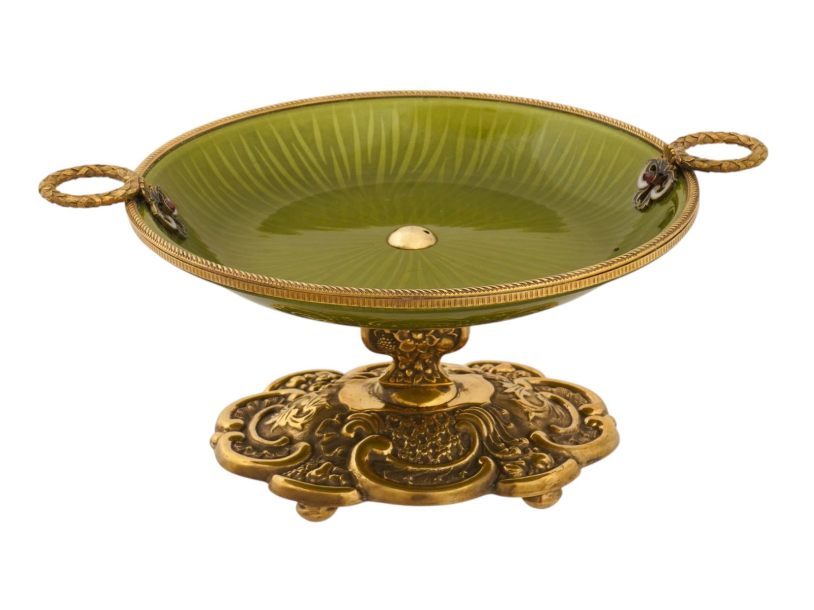 RUSSIAN GILT SILVER ENAMEL GLASS RUBY CANDY DISH: A Russian centerpiece bowl or candy dish. A footed gilt silver stand with scroll ornaments. Green glass bowl. Cloisonne enameled laurel wreath side handles garnished with rubies. Hallmark of 84 silver