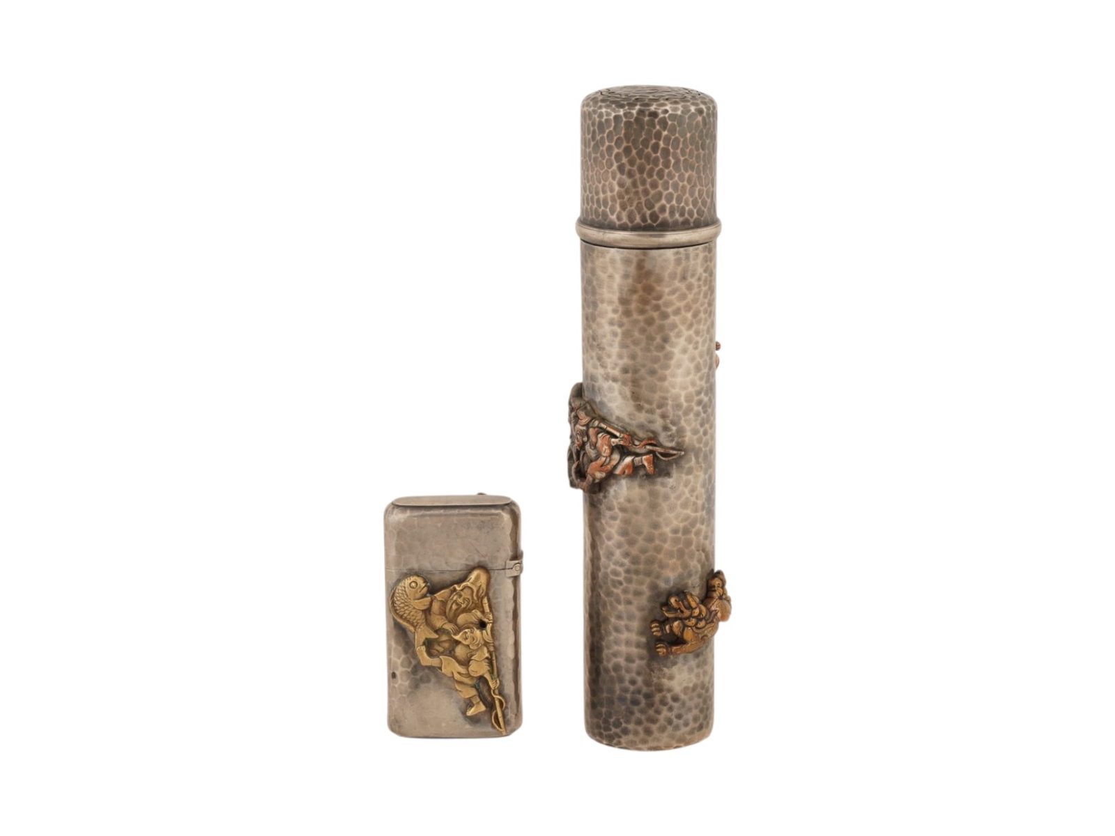 TIFFANY STERLING SILVER CIGAR BOX AND MATCHBOX: A lot of two sterling silver smoking accessories. The first item is a Tiffany cylindrical cigar tube featuring a removable cap and elaborate applied decoration with Chinese motifs. The second item is 
