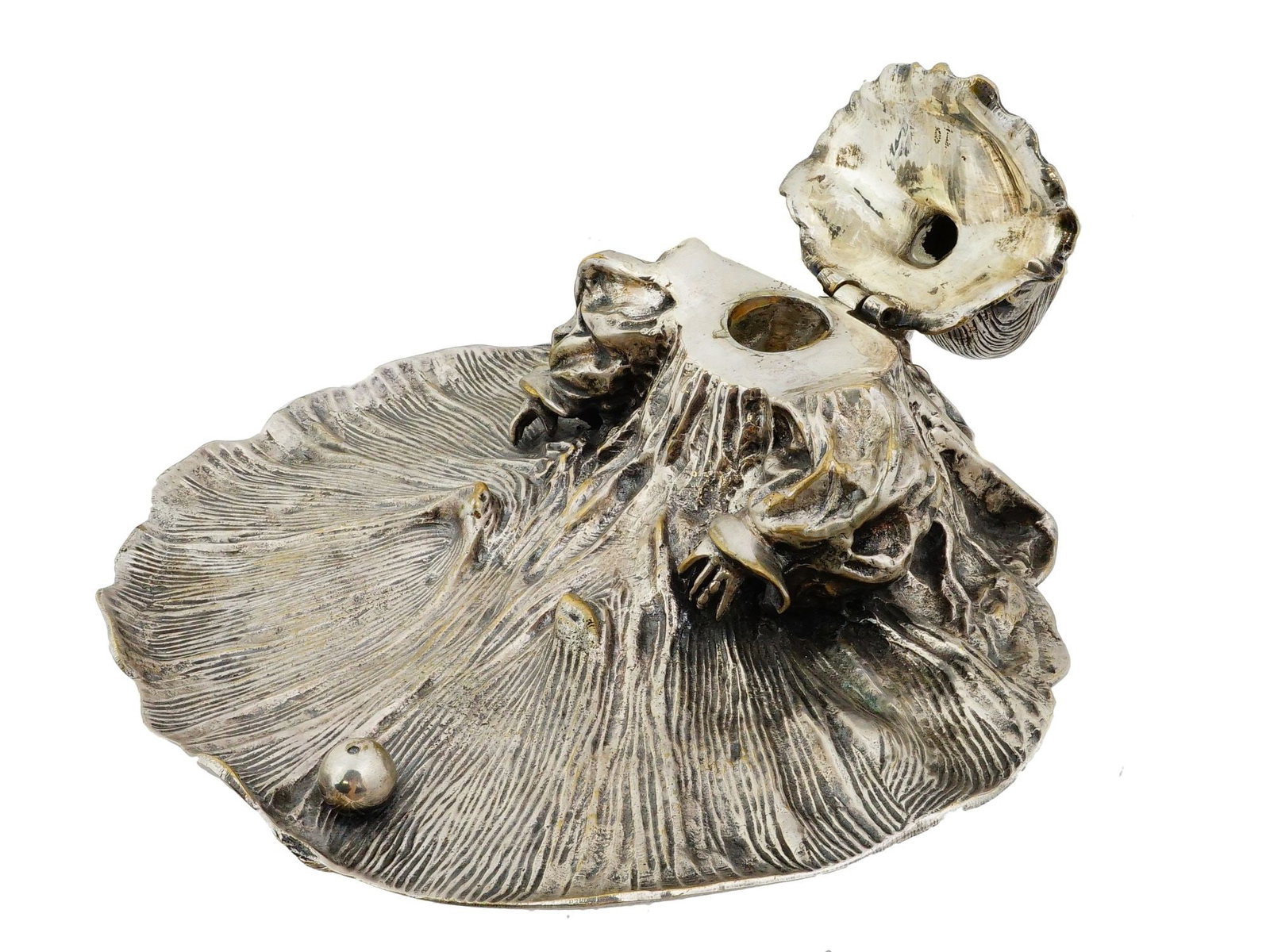 AFTER PAUL LOUCHET SILVER FIGURAL INFANT INKWELL: After Paul Francois Louchet, French, 1854 to 1936, silver inkwell designed as a baby in a dress with a ball. The hinged head serves as a lid. Partly patinated. Etched mark 10 on the rim. Paul Louchet 