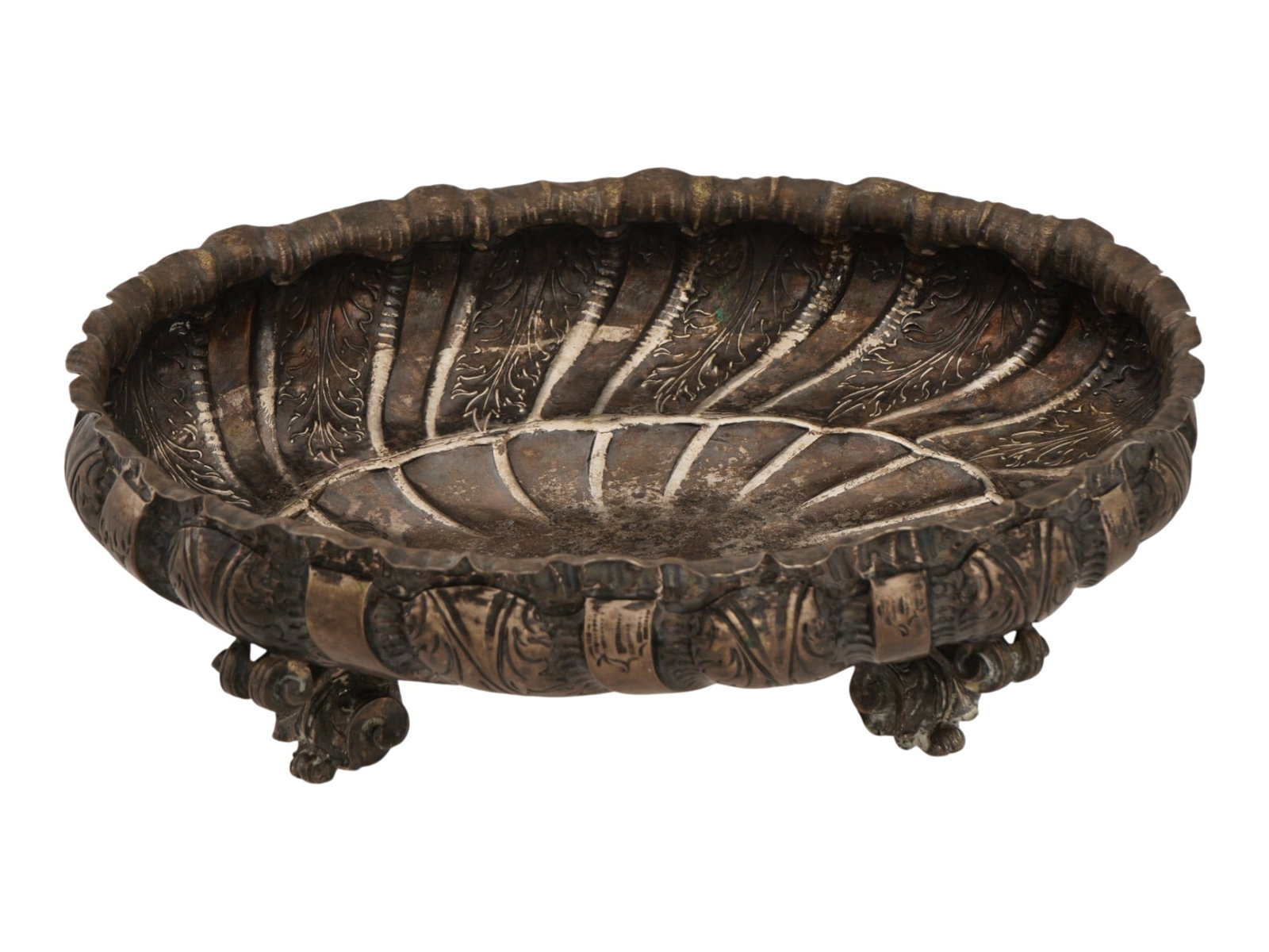 ANTIQUE EUROPEAN 800 SILVER TAZA OR BOWL: An antique European 800 silver taza or bowl. An oval, shallow bowl with textured, wavy walls, reminiscent of a seashell. Footed on four figural feet. Marked with 800 silver standard hallmarks on the b