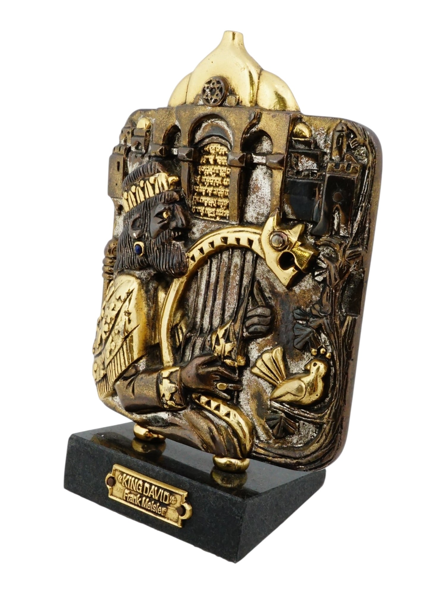 VINTAGE SILVER PLATED PLAQUE FRANK MEISLER KING DAVID: A vintage sculptural plaque titled King David by Israeli sculptor Frank Meisler, 1925 to 2017. The relief portrays King David playing the kinnor before the skyline of Jerusalem, executed in silver-pla
