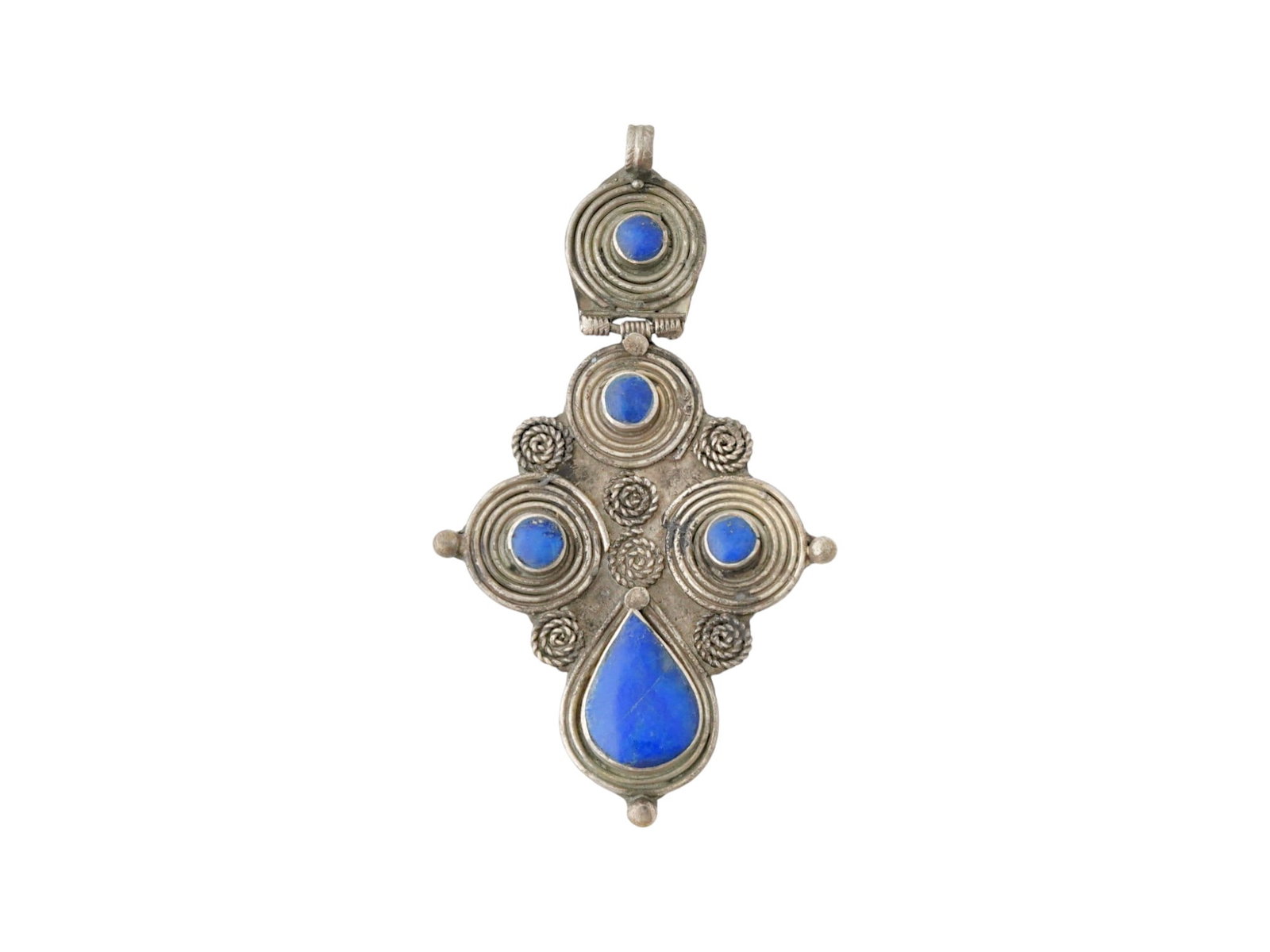 ANTIQUE HOLY LAND LAPIS LAZULI SILVER CROSS PENDANT: An antique Holy Land silver cross pendant adorned with rounded and tear drop shaped lapis lazuli stones. Decorated with wirework design. Wearable. Circa: 1800 AD. Antique Holy Land Stone Jewelry Colle