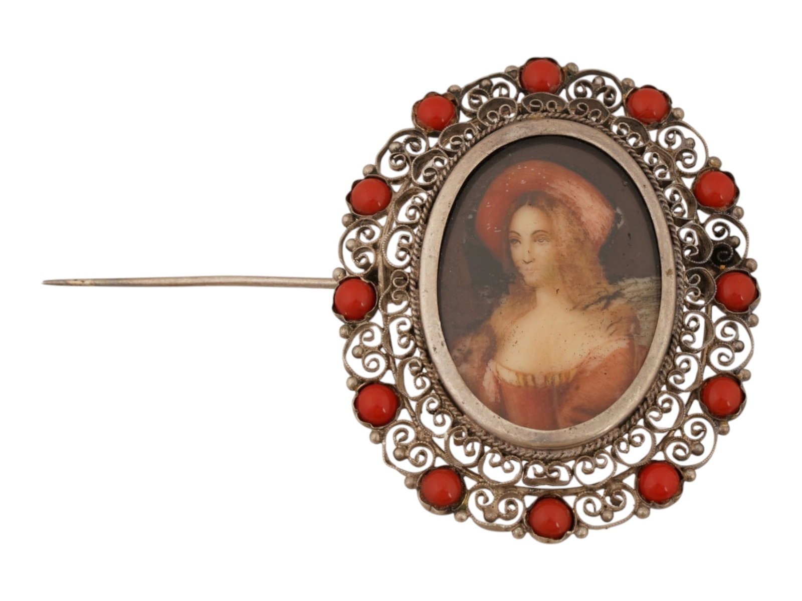 ANTIQUE VICTORIAN SILVER BROOCH W MINIATURE PAINTING: An antique Victorian era European 800 silver pin brooch with a filigree pattern, natural coral beads and miniature hand painting based on a classical Italian portrait. Marked with silver standard hall
