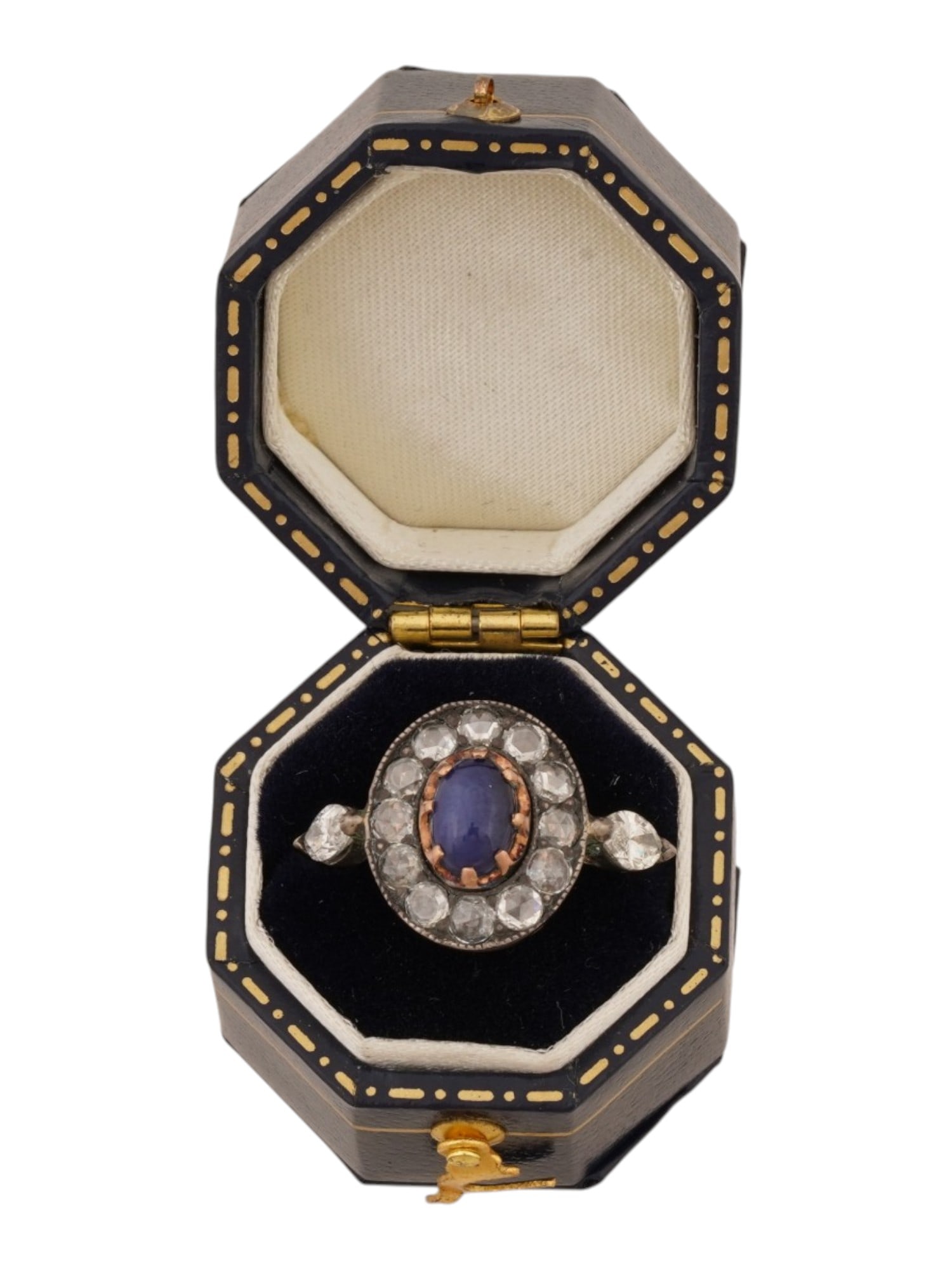 RUSSIAN GOLD RING WITH SAPPHIRE AND DIAMONDS: An antique 14k gold ring surmounted with an oval sapphire stone in the gold fittings with diamonds to the circle. It is hallmarked with a 56 gold standard for 14K gold, and a makers mark inside. Prese