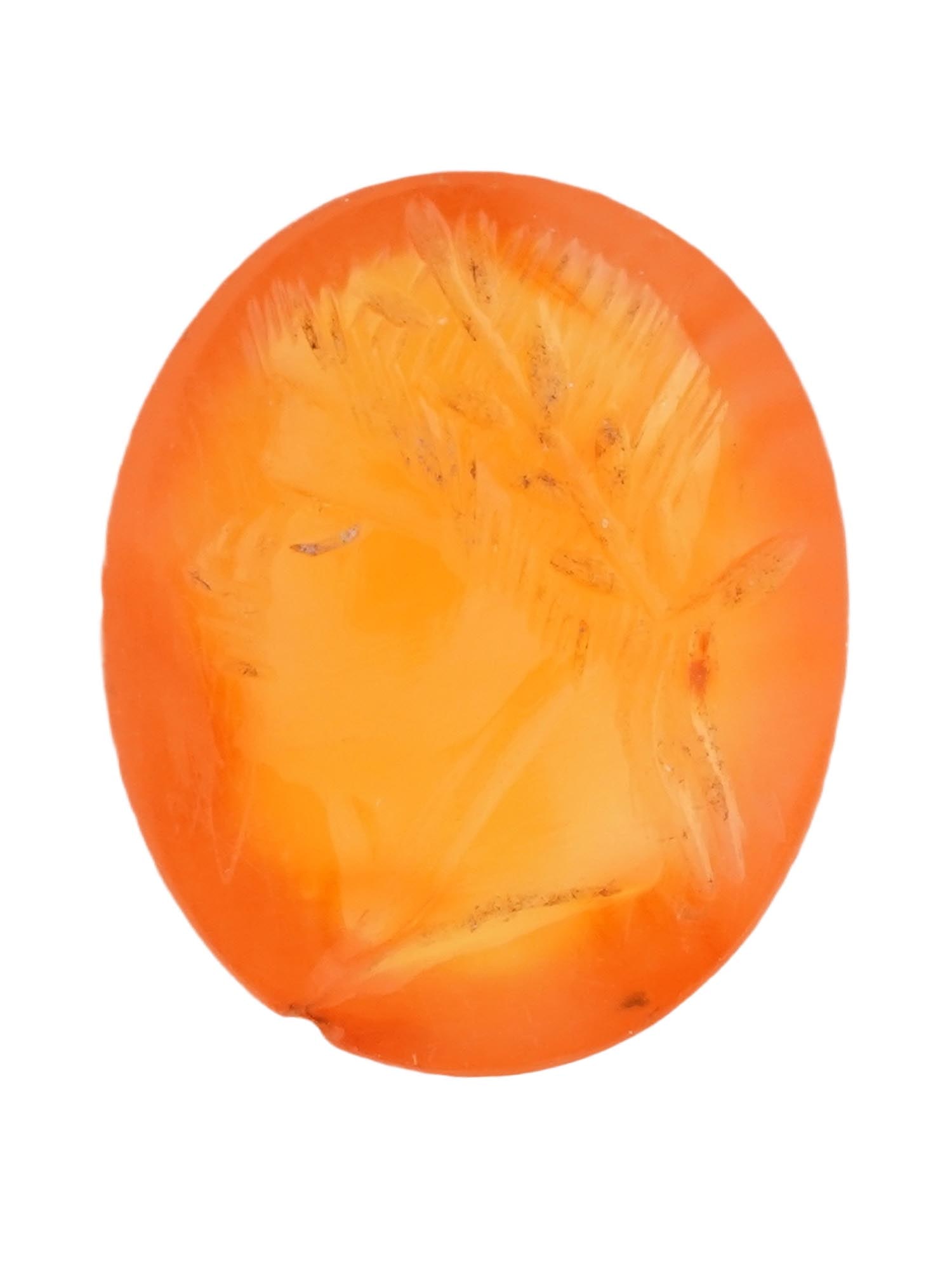 ROMAN MANNER HAND CARVED CARNELIAN STONE INTAGLIO: A hand carved Carnelian stone Intaglio depicting a profile portrait in the ancient Roman manner. Oval in shape. The reverse side is flat. Antique and Vintage Jewelry Wares and Accessories, and Collect