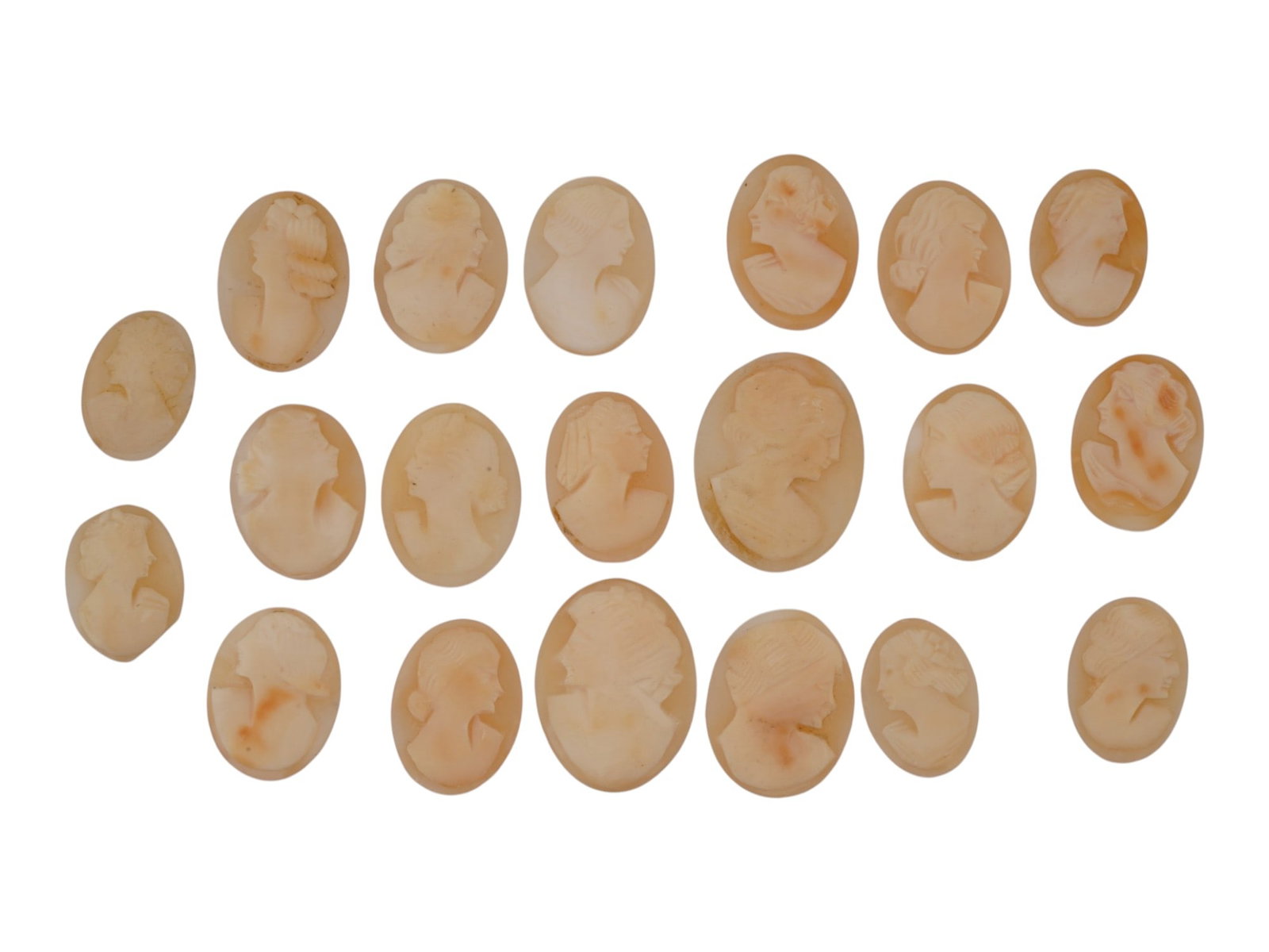 ANTIQUE HAND CARVED LOOSE SHELL CAMEO PLAQUES: A collection of antique loose shell cameo plaques, hand-carved in the traditional glyptic art style. Crafted from natural marine shells, the cameos feature raised female portraits. Antique Carvings An