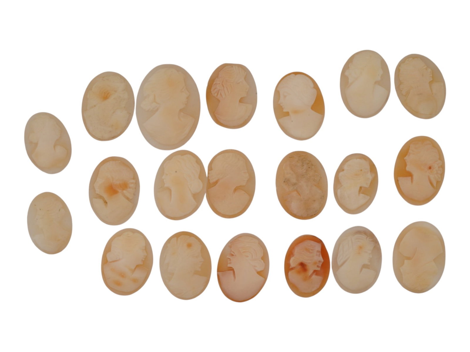 COLLECTION OF HAND CARVED SHELL CAMEO MEDALLIONS: A collection of vintage hand carved cameo medallions. A total of 20 items. Each piece is crafted from conch shell featuring a female portrait in the Victorian manner rendered in high relief. The cameo