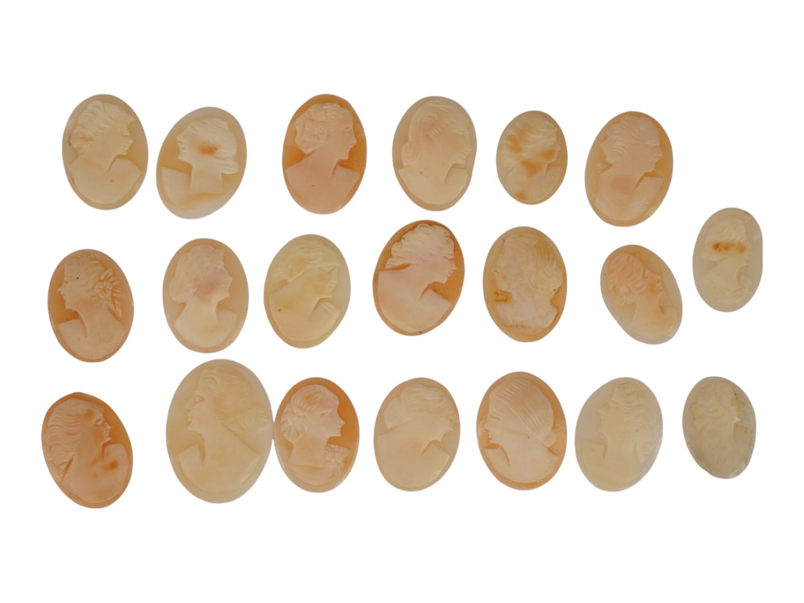 LOT OF FEMALE PORTRAIT CARVED SHELL CAMEOS: A lot of 20 hand carved conch shell cameos. Each piece depicts a female profile portrait rendered in high relief. Oval shape. Collectible Jewelry And Glyptic Art, Sculpture. THIS LOT IS ELIGIBLE FOR A