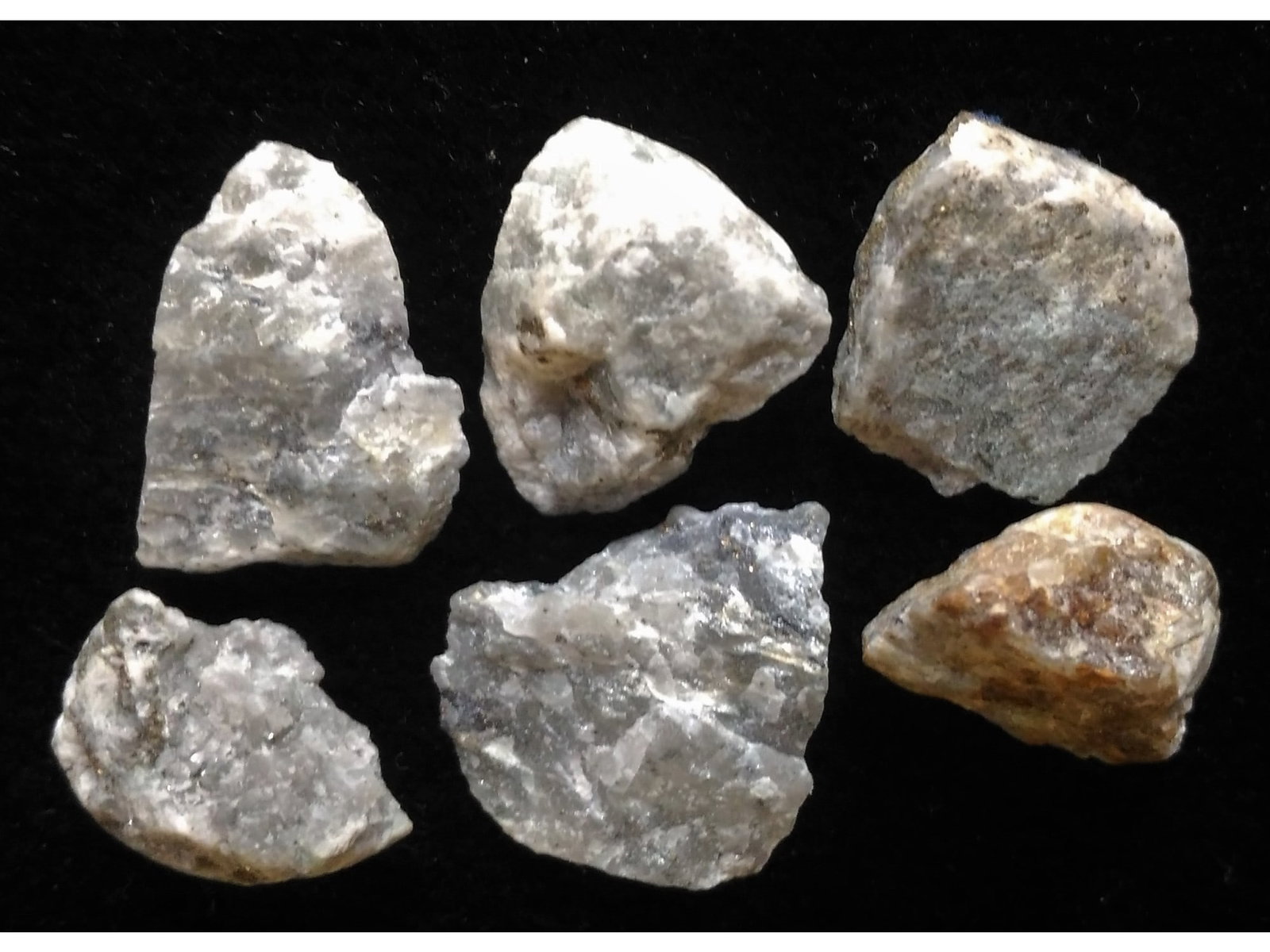SET OF 6 GOLD ORE: Set of 6 grey crystalline quartz with some pyrite from mother lode gold vein. Combined weight: 4.77 grams. Origin: Gango, Bukidnon, Mindanao, Philippines. THIS LOT QUALIFIES FOR A 30-DAY UNCONDITIONAL