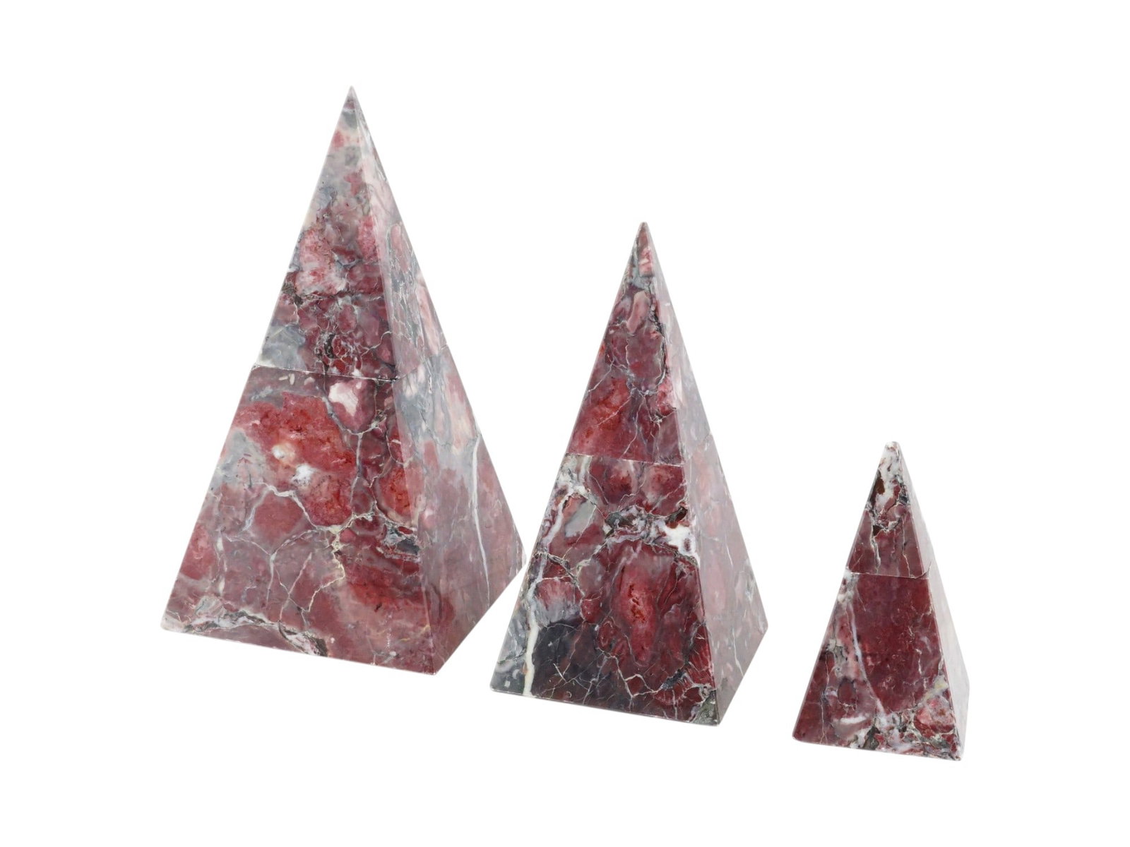 COLLECTION OF THREE GRADUATED RED MARBLE PYRAMIDS (1 of 12)