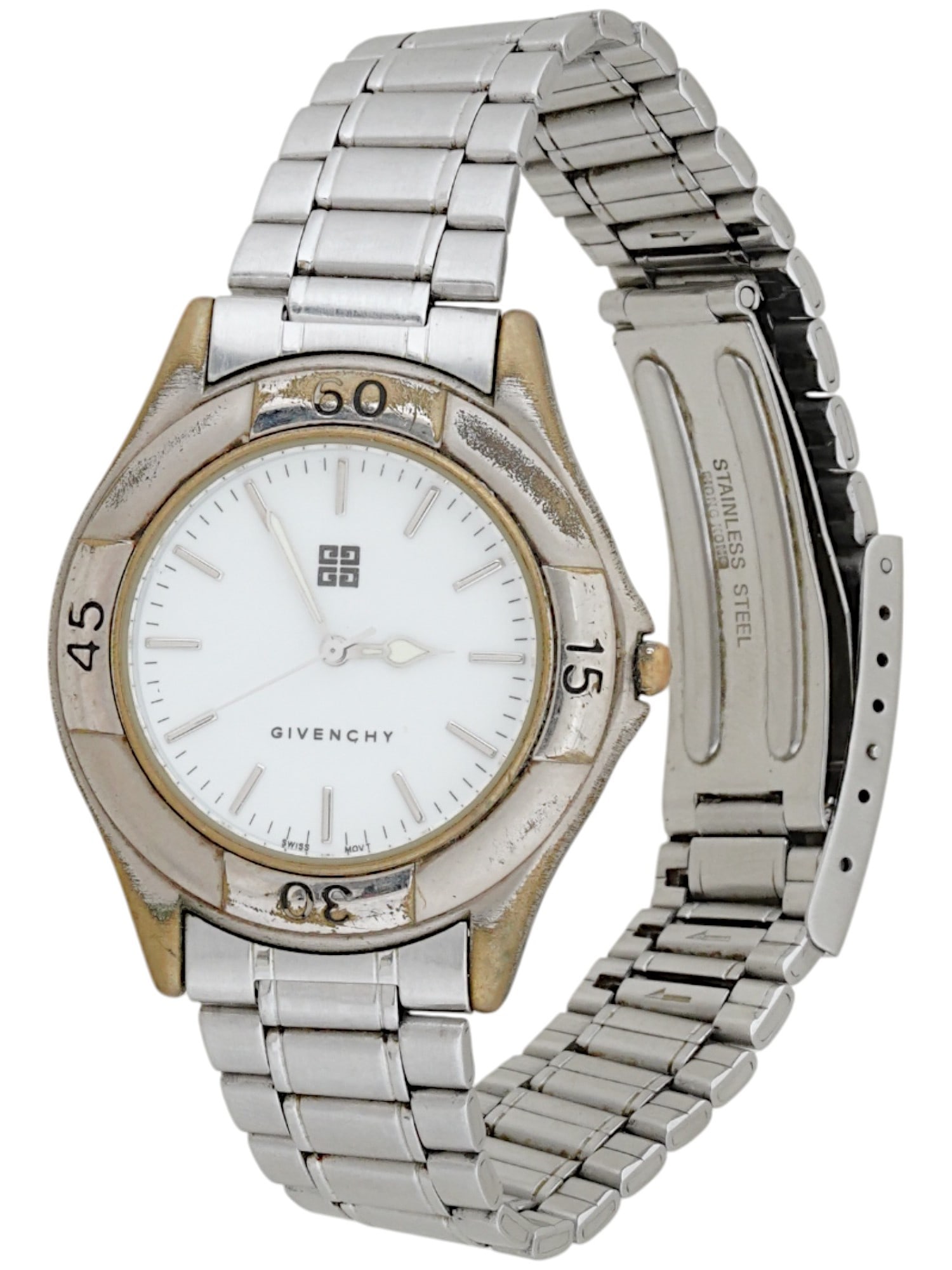 VINTAGE GIVENCHY LIFE STAINLESS STEEL WRISTWATCH: A vintage unisex stainless steel wristwatch by Givenchy. Life collection. Water resistant, Swiss movement. Round case with single crown, the bezel bears second numbers. White dial with baton indexes, 