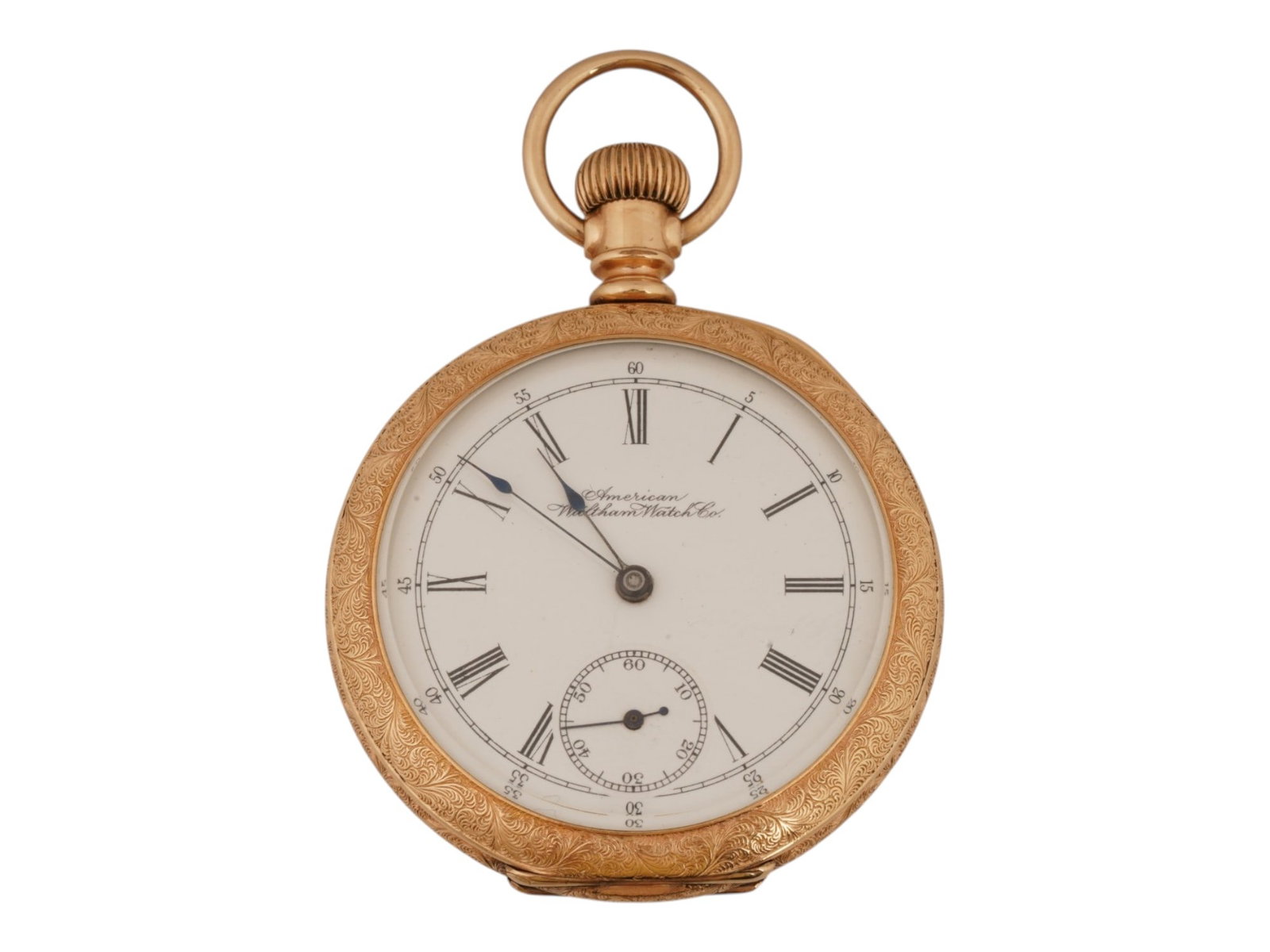 ANTIQUE AMERICAN WALTHAM CO 14K GOLD POCKET WATCH: An antique American Waltham Watch Co. 14k gold working pocket watch. Circa the late 19th century, the 1880s to 1890s. The white enamel dial with Roman numerals and subdial is marked with the American 