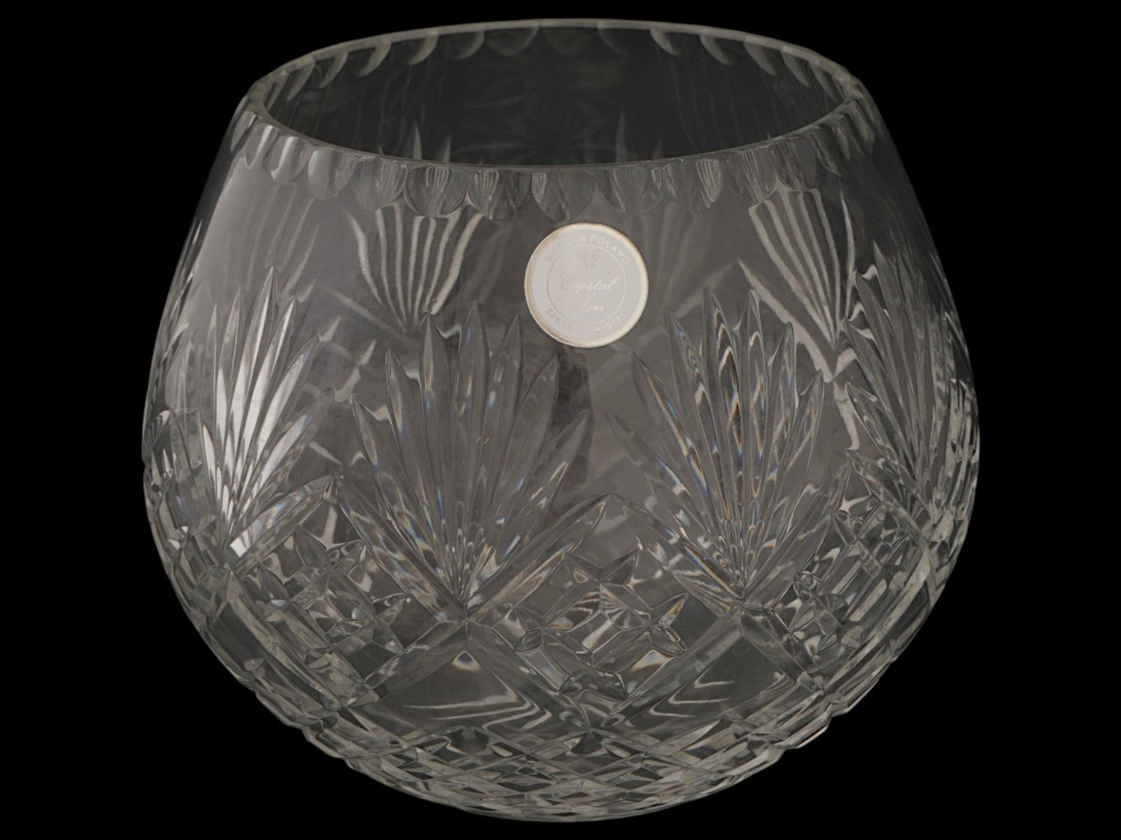 VINTAGE POLISH CUT LEAD CRYSTAL FLOWER VASE: A vintage clear lead crystal vase. Globe shape, cut fan and cane patterns, roundlets along the rim. Label Made in Poland, Crystal Clear is preserved. Collectible Glassware, Crystal, Home Decor, Flower