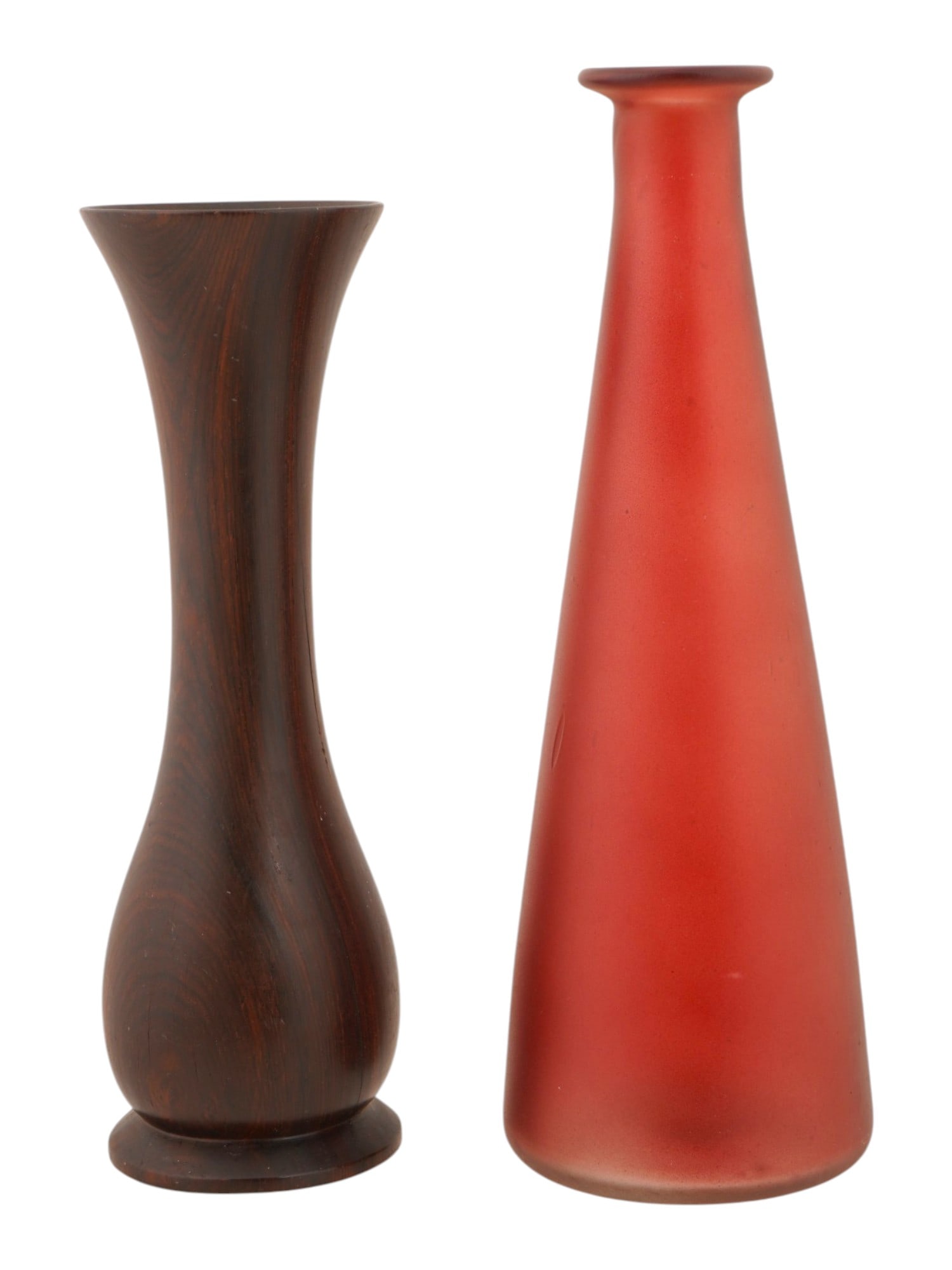 PAIR OF MODERN HARDWOOD AND SATIN GLASS BUD VASES: A pair of modern bud vases showcasing contrasting natural and glass design aesthetics. The group includes a hand-turned hardwood vase with a classic Scandinavian-inspired silhouette and a frosted sati