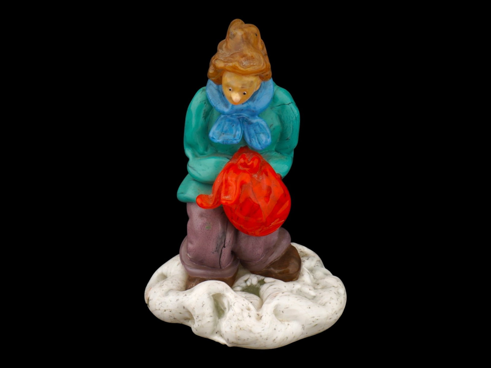 VINTAGE ITALIAN MURANO ART GLASS WINTER FIGURINE: A vintage hand-blown Italian Murano glass figurine representing a figure standing on the snow. Unmarked. Murano glass is a traditional glassware type which originated in Murano, an island close to Ven