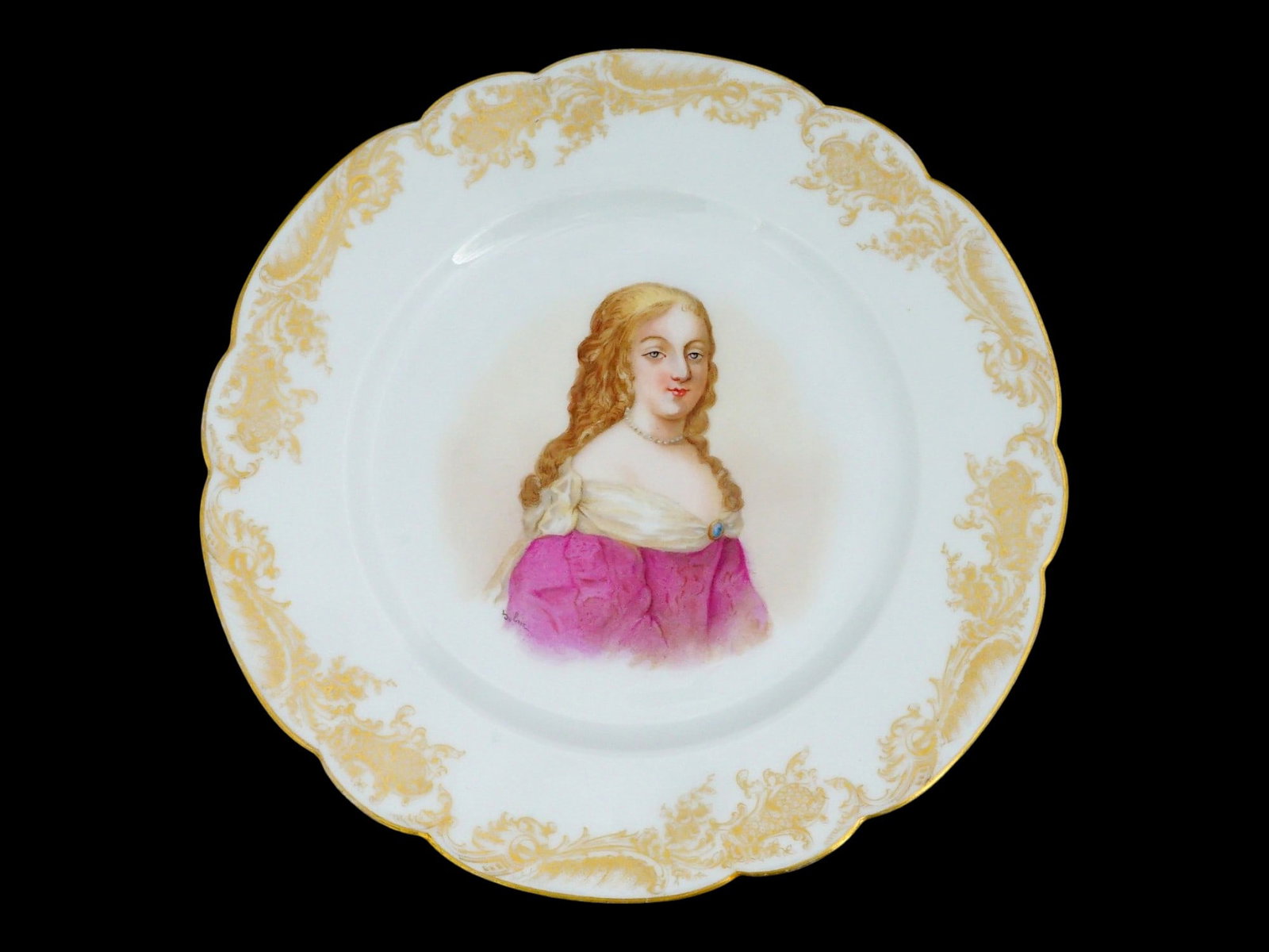 ANTIQUE FRENCH SEVRES PORCELAIN PORTRAIT PLATE: An antique late 19th-century French porcelain plate by Sevres. Figurative border with gilt rims. The center depicts a transfer-printed portrait of Madame de Montespan, 1640 to 1707, the most celebrate