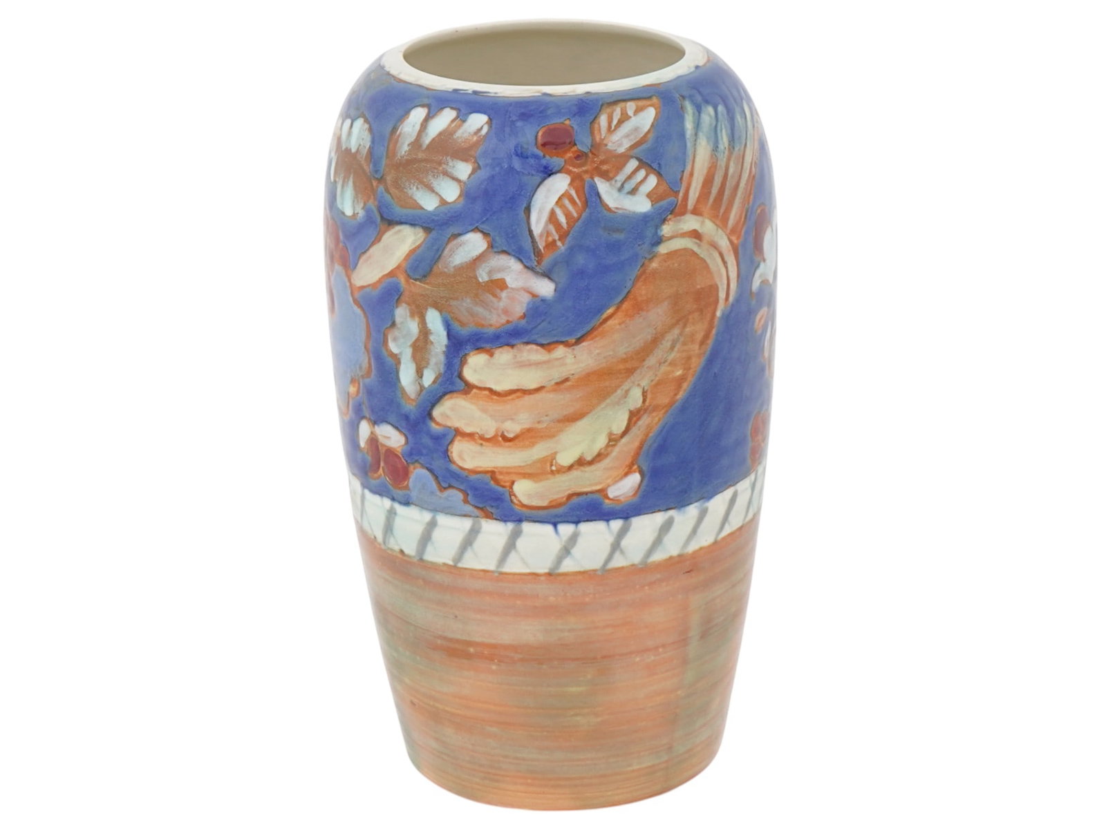 VINTAGE HARVEST TIME CERAMIC VASE BY ROYAL DOULTON: A vintage Harvest Time glazed ceramic vase by Royal Doulton. Circa the mid 20th century. The vase of a near cylindrical, slightly rounded shape, decorated with hand-painted flowers and fruits in a war