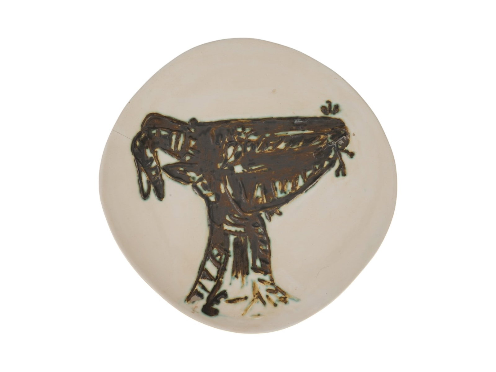 PABLO PICASSO LTD SPANISH GOAT HEAD CERAMIC PLATE: Pablo Picasso, Spanish, 1881 to 1973, a limited edition ceramic plate with oxidised paraffin decoration, titled Profile of a Goats Head, created in 1950. This work belongs to the famous series of edit
