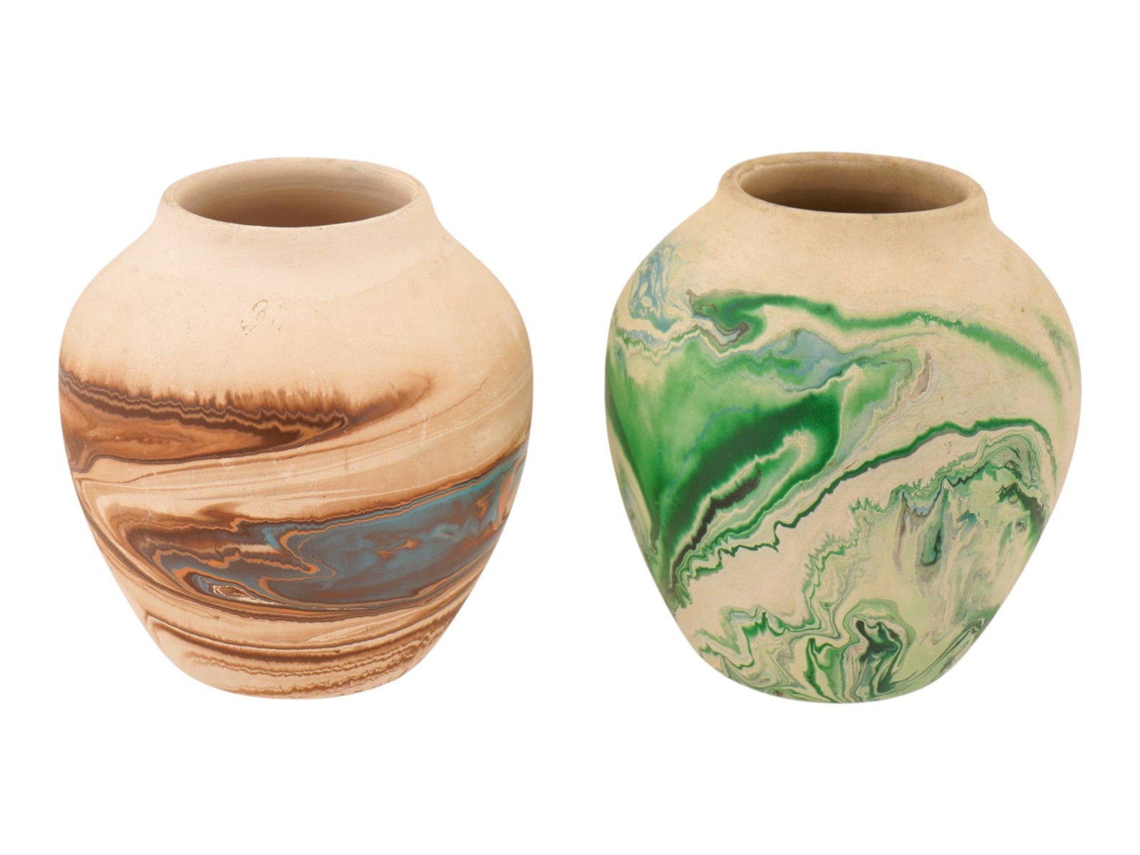 TWO VINTAGE AMERICAN CERAMIC VASES BY NEMADJI: A lot of two vintage American ceramic vases by Nemadji Pottery. Two miniature vases with an abstract oil painting in brown and green tones. Both are marked on the bottom. Collectible Pottery And Ceram