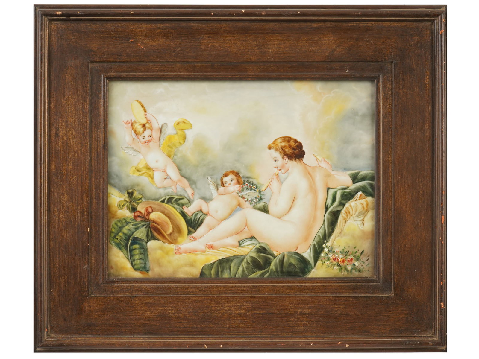 ALLEGORICAL SCENE HAND PAINTING ON PORCELAIN ARTWORK: A vintage porcelain plaque with hand painting. The plaque depicts a classical mythological pastoral scene in the Rococo style with a semi nude nymph or Venus playing a flute, flanked by two winged put