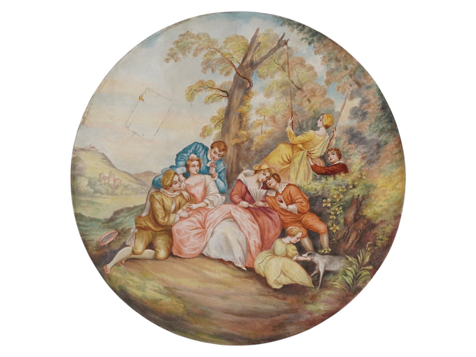 EUROPEAN ROCOCO MANNER SCENE ROUND ENAMEL PLAQUE (1 of 5)